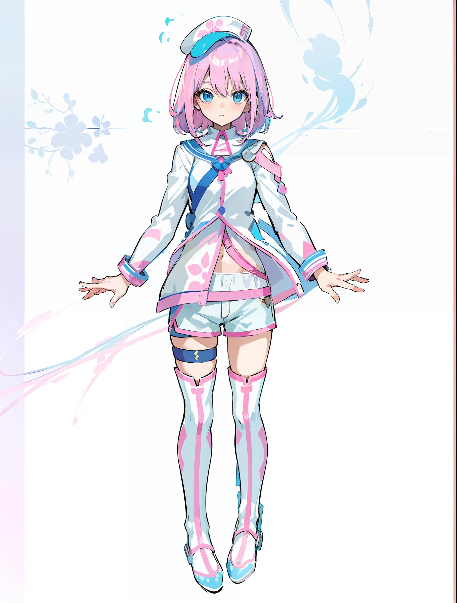 Anime girl, pink hair, blue eyes, shorts and blue and white shirt with blue bud cap, correct five fingers, anime full body illustration, clear costume design, full body illustration, color sketch, full body !!, anime vtuber full body model,!! Full body portrait!!, anime style character, full body concept, full body single character