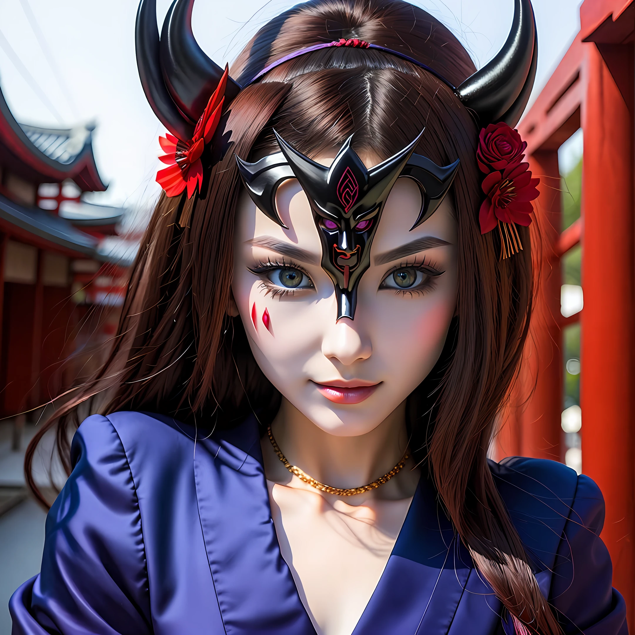 Mask pretty eyes woman masterpiece, top quality, highest quality, official art, beautiful and aesthetic: 1.2) (demon mask: 1.5),Japanese style,Japanese clothes,Beautiful detail eyes,