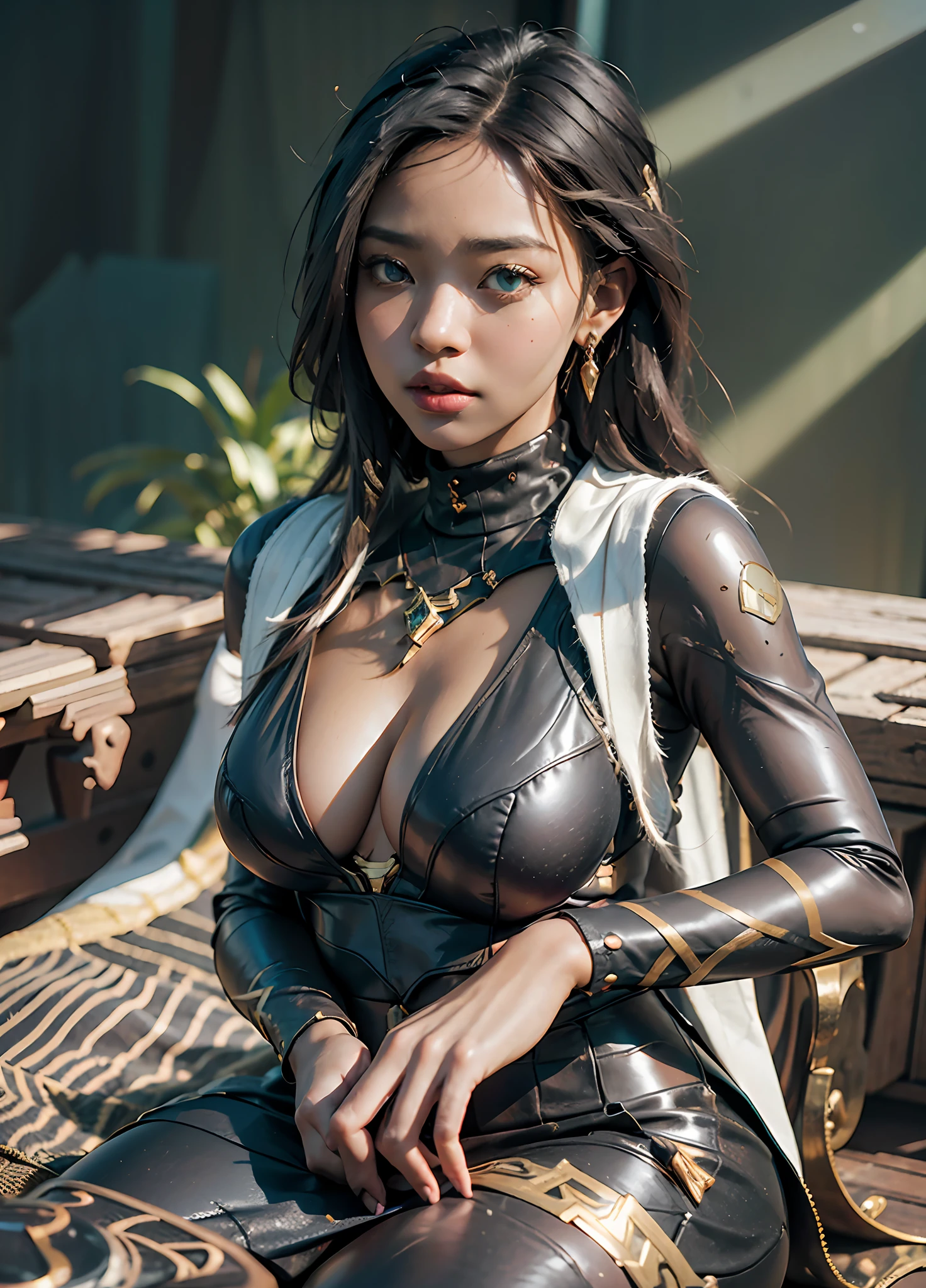 Senna from League of Legends as a secretary, large breasts, hololive Japan, anime hyperrealism, photorealistic, 8k, super thick but slender, small waist, professional attire, turtleneck sweater dress, office scene, high maintenance secretary, dreadlocks, nappy hair, sexy, camel toe, panty shot, cleavage