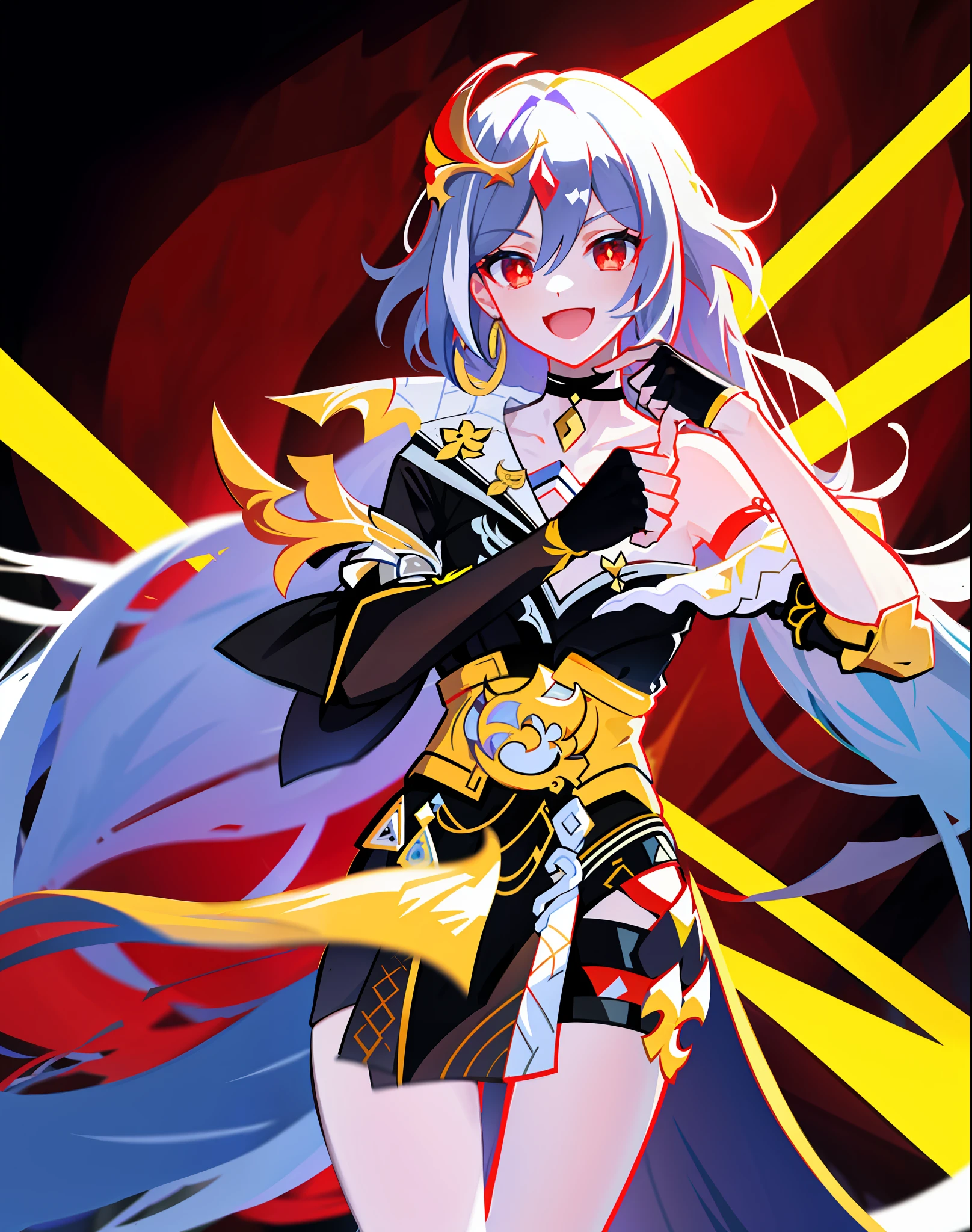 best quality, masterpiece, ultra-detailed, beautiful, highres, original, absurdres,  senti,
1girl, solo, long_hair, looking_at_viewer, smile, bangs, hair_ornament, red_eyes, hair_between_eyes,  chinese_clothes, uneven_sleeves, standing, gloves, white_background, :d, choker, fingerless gloves, black choker, asymmetrical_sleeves