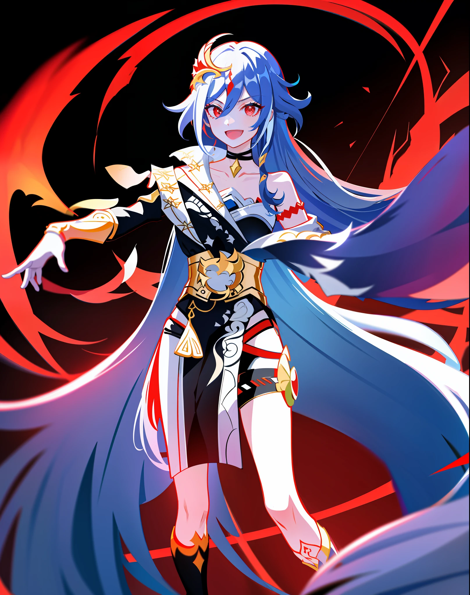 best quality, masterpiece, ultra-detailed, beautiful, highres, original, absurdres, senti,
1girl, solo, long_hair, looking_at_viewer, smile, bangs, hair_ornament, red_eyes, hair_between_eyes, chinese_clothes, uneven_sleeves, standing, gloves, white_background, :d, choker, fingerless gloves, black choker, asymmetrical_sleeves