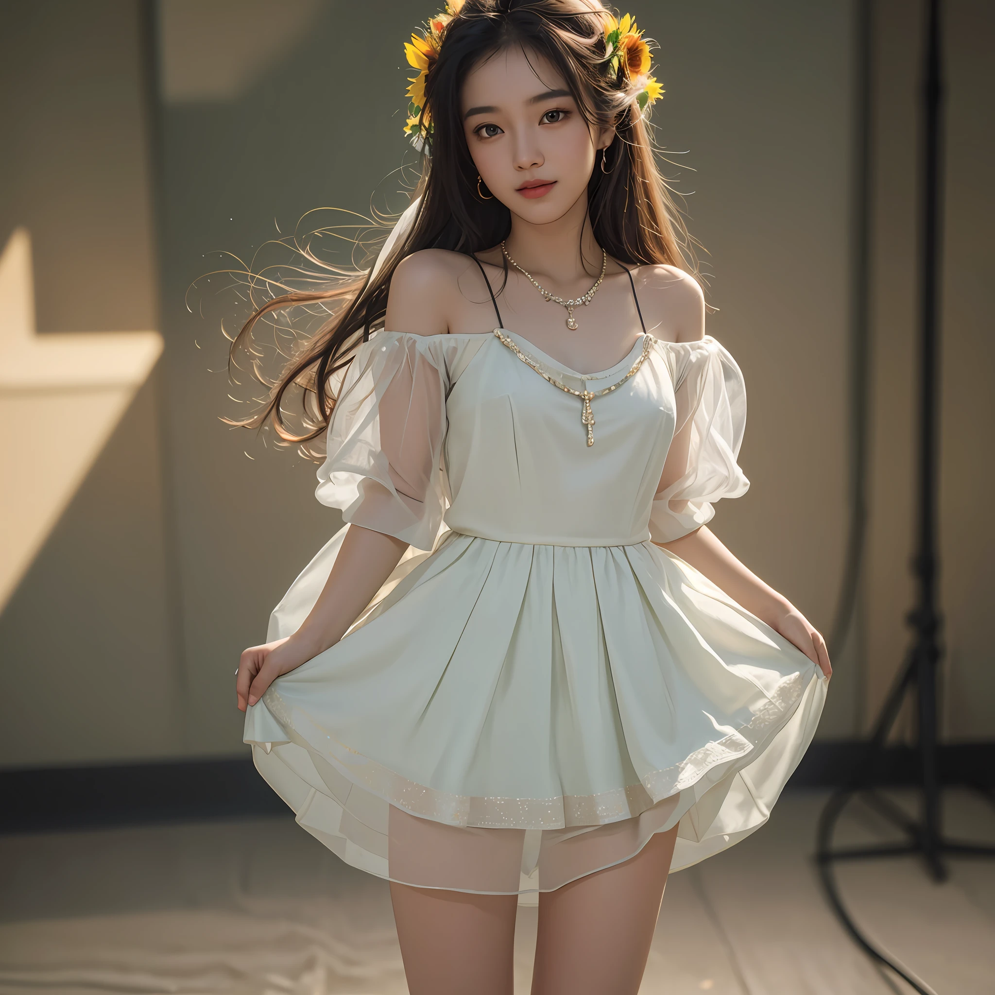 best quality, masterpiece, highres, 1girl, , Myanmar, blush,(seductive smile:0.8),star-shaped pupils, necklace , jewelry, Beautiful face upon_body, tyndall effect, photorealistic, dark studio, rim lighting, two tone lighting,(high detailed skin:1.2), 8k uhd, dslr, soft lighting, high quality, volumetric lighting, candid, Photograph, high resolution, 4k, 8k, Bokeh,sunflower,not sexy dress, white and green uniform, (((full body photo))), 16k, (full body image)), --auto --s2