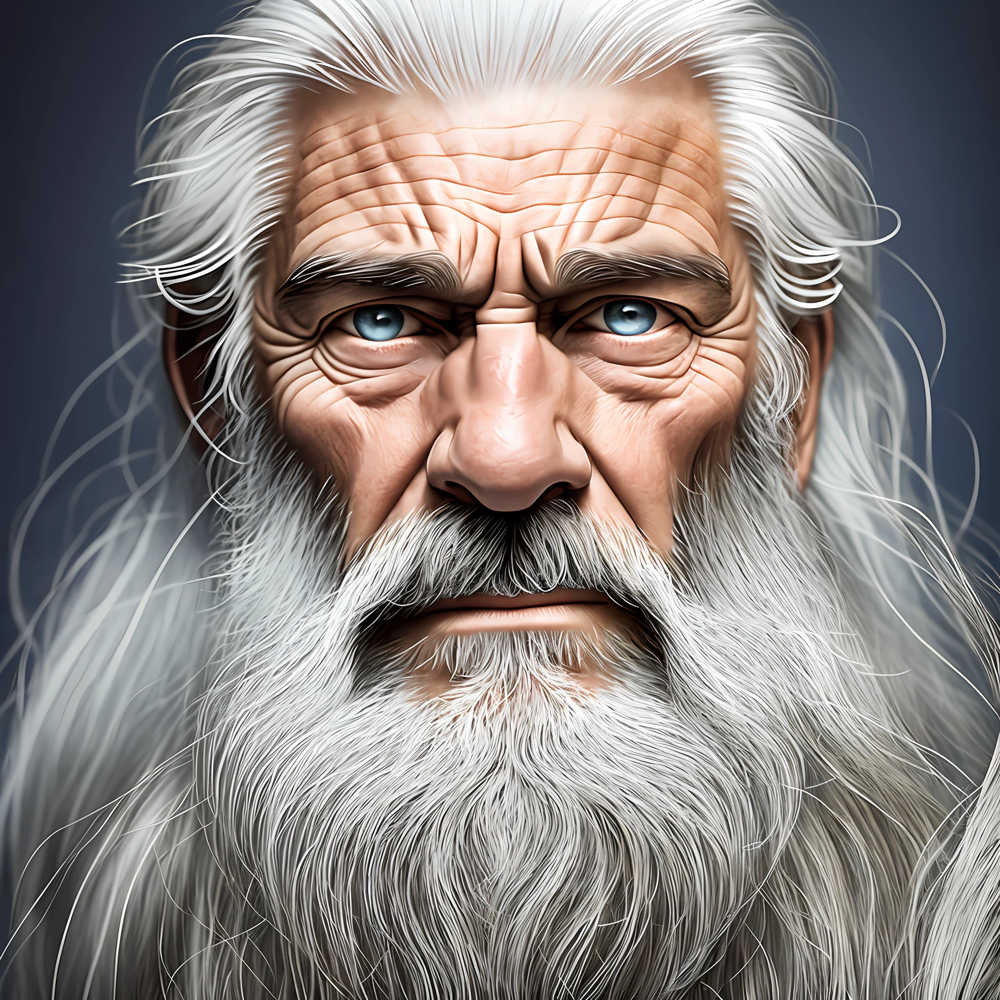 Photograph of the face of a muscular old man, Long beard ((white beard)), Long hair ((white hair)), scar on the eye. Blue eyes. Maximum quality, clear brown skin, wrinkles on the forehead. Detailed pores. Realism. Raw.