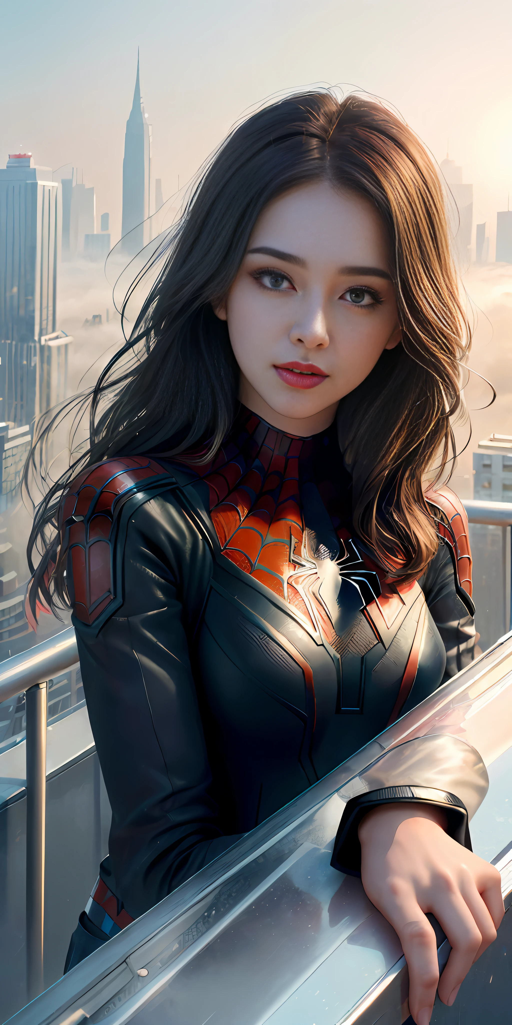 (1girl:1.3), Solo, (((Very detailed face)))), ((Very detailed eyes and face)))), Beautiful detail eyes, Body parts__, Official art, Unified 8k wallpaper, Super detailed, beautiful and beautiful, beautiful, masterpiece, best quality, original, masterpiece, super fine photo, best quality, super high resolution, realistic realism, sunlight, full body portrait, amazing beauty, dynamic pose, delicate face, vibrant eyes, (from the front), She wears Spider-Man suit, red and black color scheme, spider, very detailed city roof background, rooftop, overlooking the city, detailed face, detailed complex busy background, messy, gorgeous, milky white, highly detailed skin, realistic skin details, visible pores, clear focus, volumetric fog, 8k uhd, DSLR, high quality, film grain, fair skin, photo realism, lomography, futuristic dystopian megalopolis, translucent