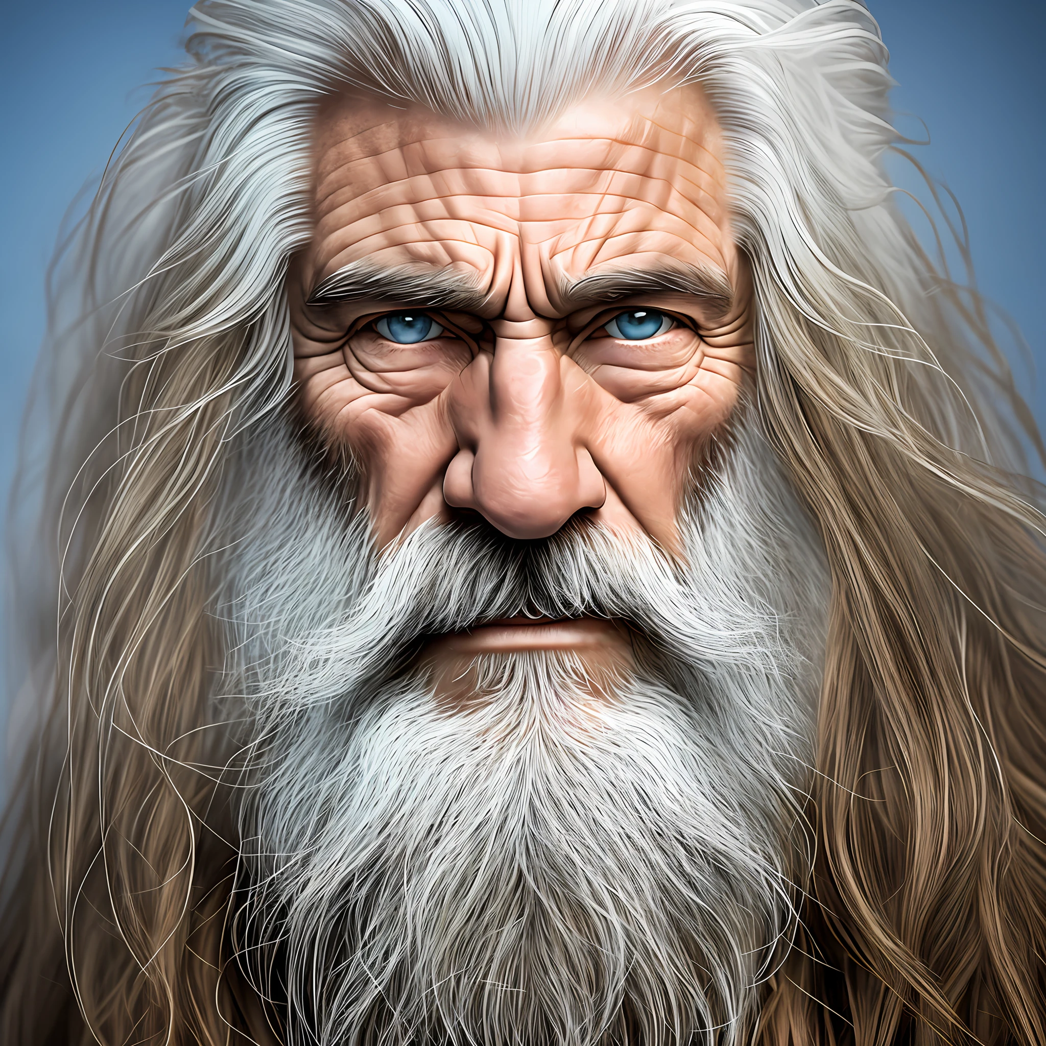 Photograph of the face of a muscular old man, Long beard ((white beard)), Long hair ((white hair)), scar on the eye. Blue eyes. Maximum quality, clear brown skin, wrinkles on the forehead. Detailed pores. Realism. Raw.