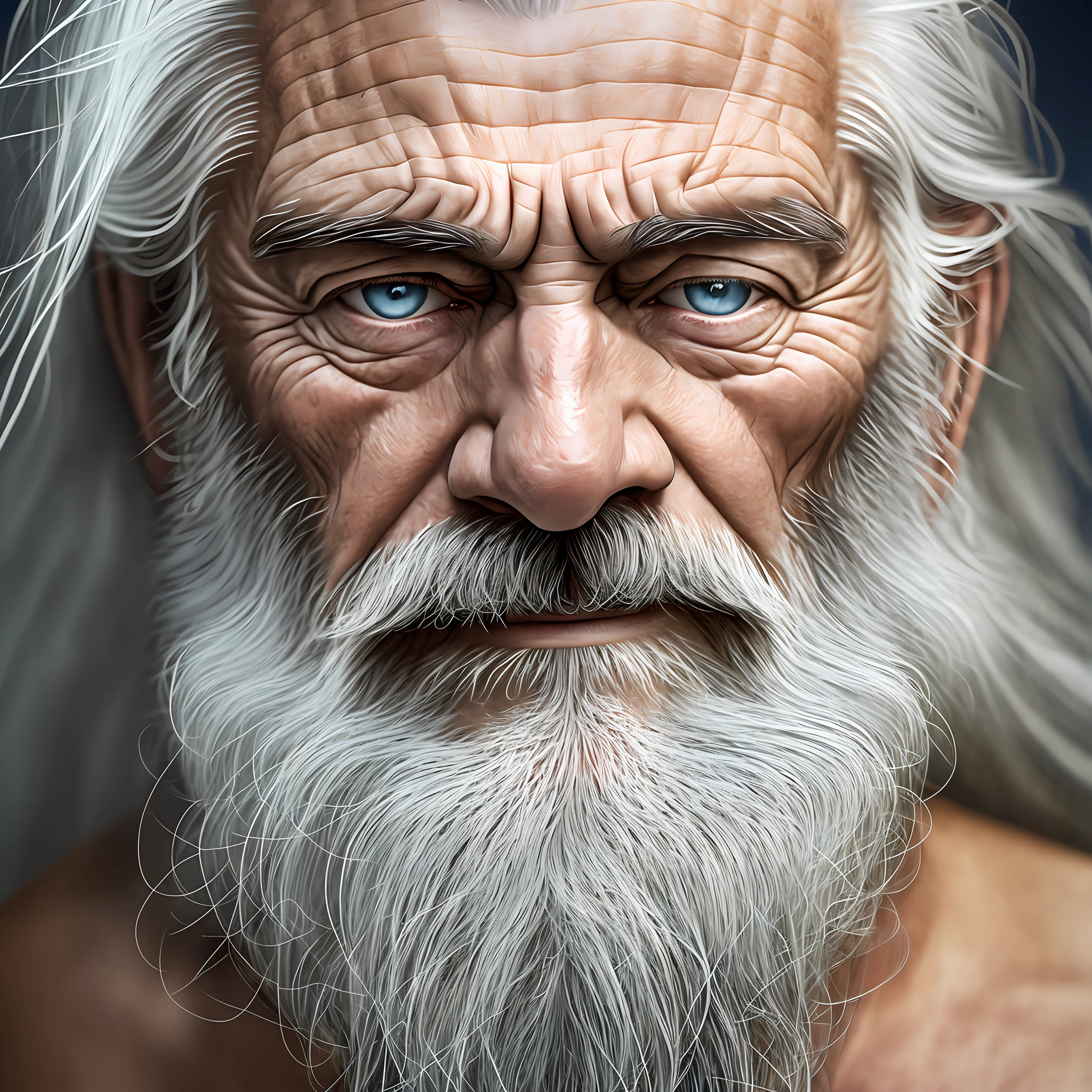 Photograph of the face of a muscular old man, Long beard ((white beard)), Long hair ((white hair)), scar on the eye. Blue eyes. Maximum quality, clear brown skin, wrinkles on the forehead. Detailed pores. Realism. Raw.