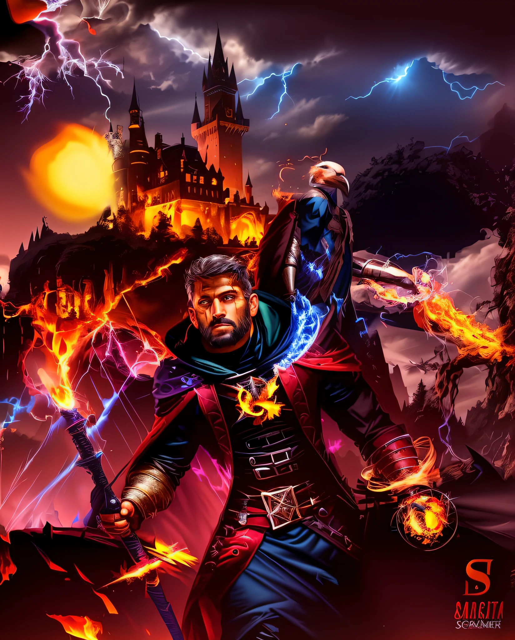 There is a man holding a sword and a bird in front of a castle, such as the wizard, evil male sorcerer, evil sorcerer, fire mage, lord of Cinder, an arcane mage casting a spell, a sorcerer casting a fireball, d & d fantasy digital art, casting fire spell