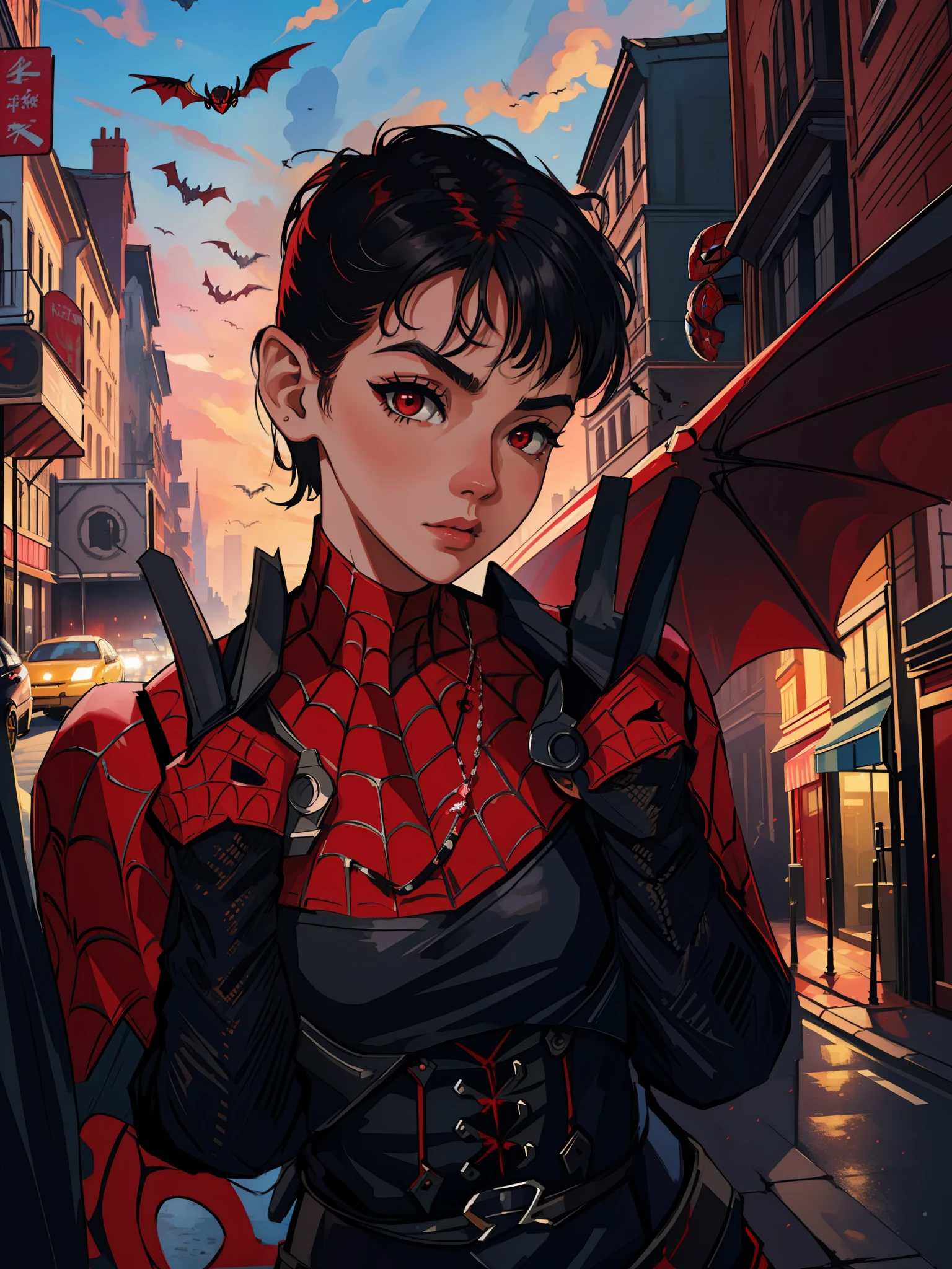 (masterpiece, best quality), intricate details, 8k, artstation, wallpaper, official art, splash art, sharp focus,
1girl, short hair, red eyes, black hair, fair skin, pink mouth
 Spider-man cosplay, 
Landscape city, buildings, cars, street, bats, sky day