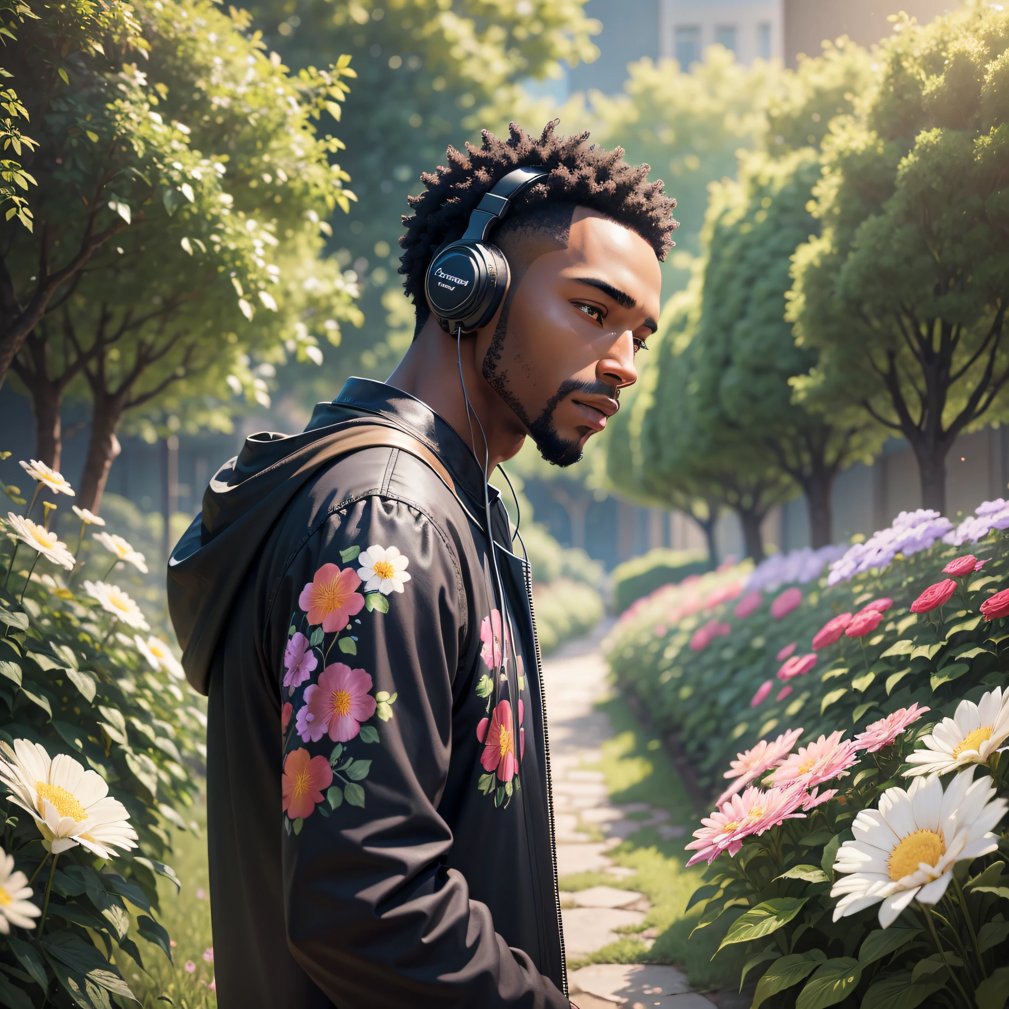 Black man, with flower-shaped head standing in the middle of a beautiful flowered garden, listening to music with headphones, ultra realistic 8K image, 4000x4000 --auto --s2