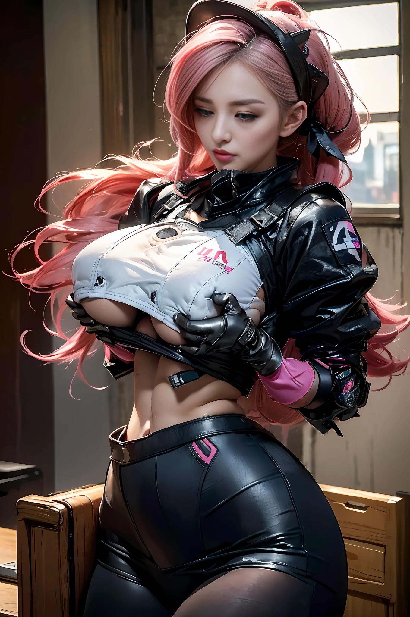 SFW, there is a woman covered in techwear cloths, gamer girl with braid and pink hair, ig model | artgerm, korean girl, (Best Quality, 8k, 32k, Masterpiece, UHD:1.3), (Photo of Attractive Japanese Woman), 1 Girl, ((Big Boobs:1.7)), Abs, Perfect Body, Ultra Detailed Face, Detailed Lips, Fine Eyes, double eyelids, (seductive), ((aroused:1.4)), ((in heat)), ((milf)) sexy girl, busty, beautiful asian girl, jaw-dropping beauty, posing for a picture, gorgeous maid, seductive tifa lockhart portrait, a hyperrealistic schoolgirl, hyperrealistic schoolgirl, tifa lockhart, sakimichan