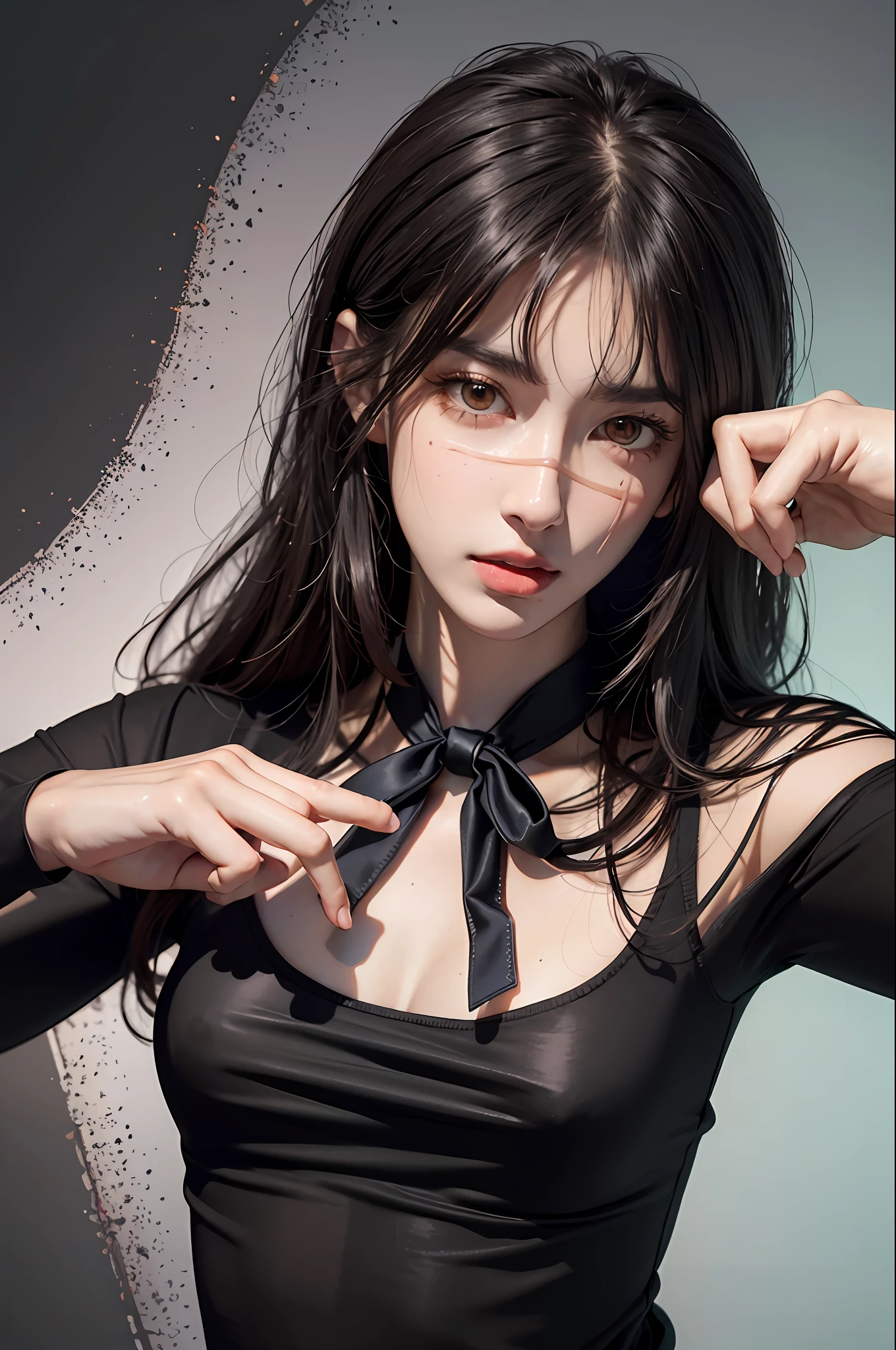 (hyper-realistic), (illustration), (high resolution), (8K), (extremely detailed), (best illustration), Yoru ( Chainsaw Man ), (beautiful detailed eyes), (best quality), (ultra-detailed), (masterpiece), (wallpaper), (detailed face), solo, upper body, focus on face, 1 girl, long black hair, Korean, well-detailed eyes, brown eyes, small moles under the eyes, long sleeve shirt, neck bow, small breasts,  tight abs, dynamic pose