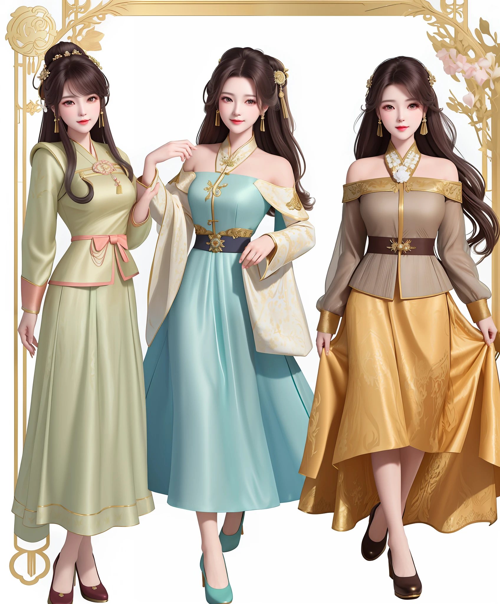 A woman in dresses and shoes are standing in front of a frame, imperial real elegant clothing, costume style clothing, inspired by Sim Sa-jeong, realistic clothes, classic robes, elegant smiling pose, 2 d cg, retro style and costume, miscellaneous clothes, real elegant pose, trend in cgstation, dress with flowing long clothes, elegant clothes, retro costume style
