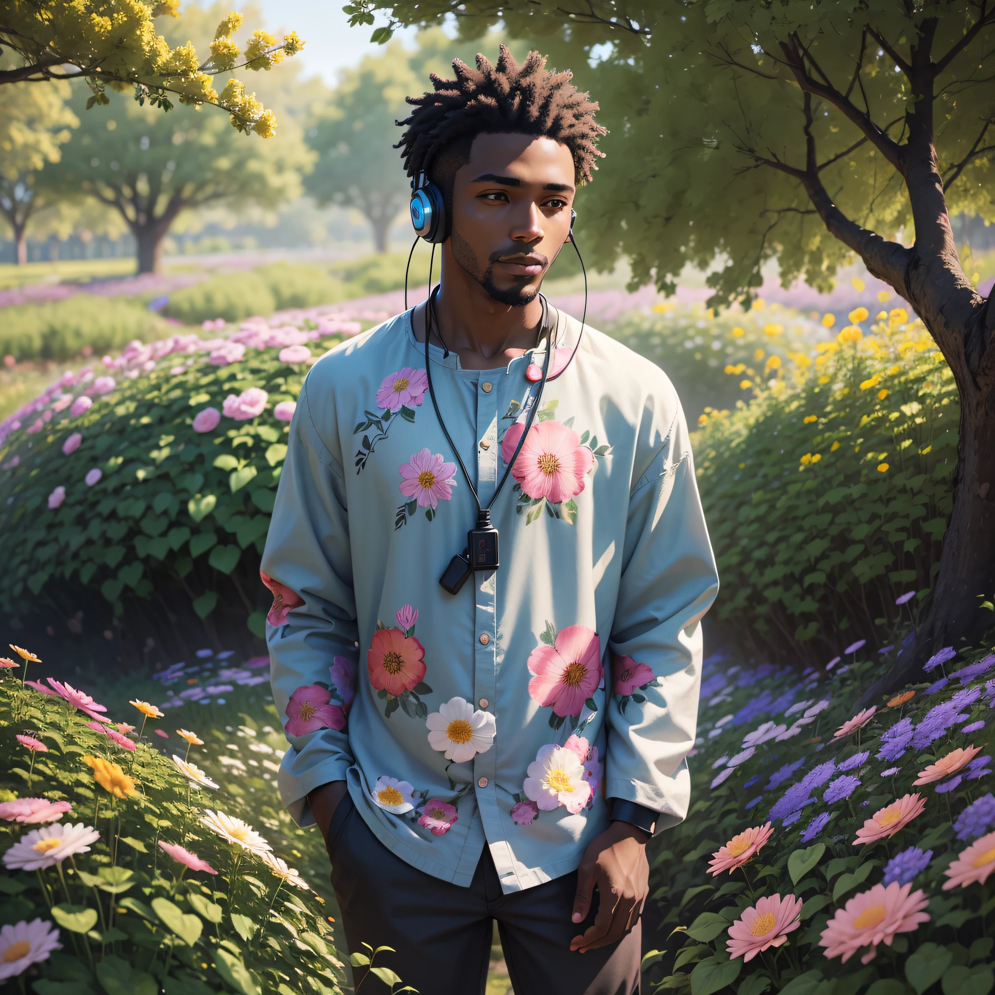 Black man, with flower-shaped head standing in the middle of a beautiful flowered garden, listening to music with headphones, ultra realistic 8K image, 4000x4000 --auto --s2