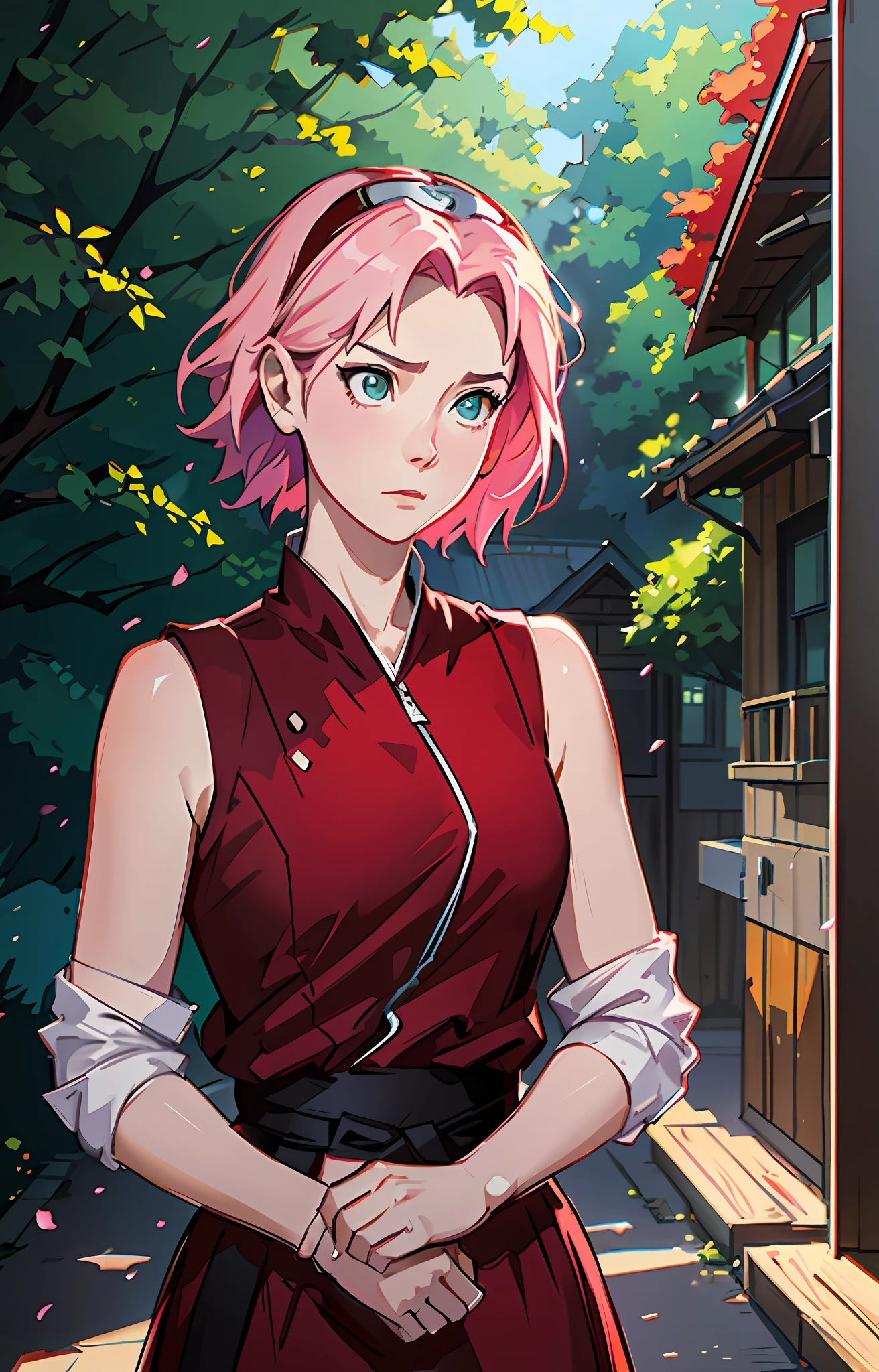 Sakura haruno, ((forehead the show)), solo, charming, contemplating the sunset, attractive, wearing a red dress, pink hair, delicate, young, short hair, detailed face, austere image, full body, looking at the viewer, bandana on the head, surrounded by fire, in a forest, trend in art by rhads, andreas rock, rossdraws, makoto shinkai, laurie greasley, lois van baarle, Ilya Kuvshinov and Greg Rutkowski