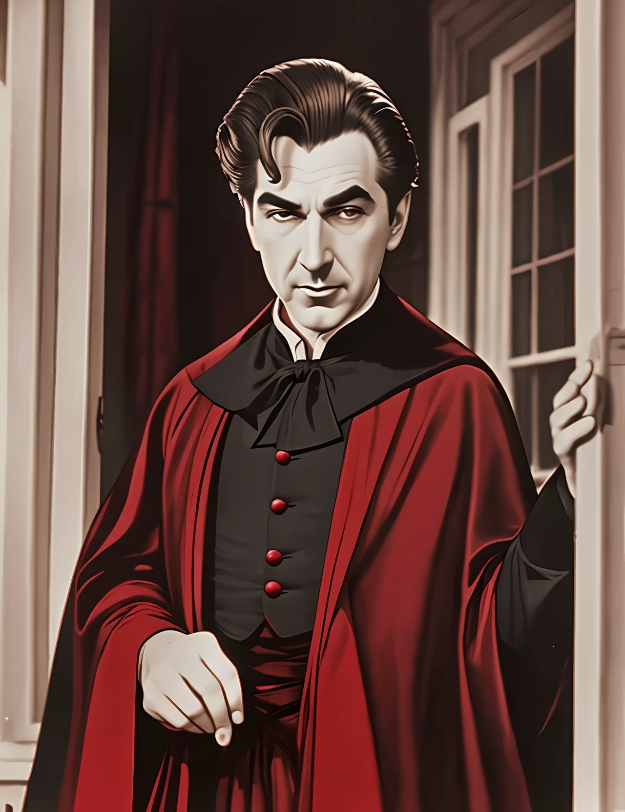 Closeup Bela Lugosi on the porch of her house seen in Dracula with her black and red haughty cape, with her mouth open showing vampire teeth, ultra realistic 8k scene --auto --s2