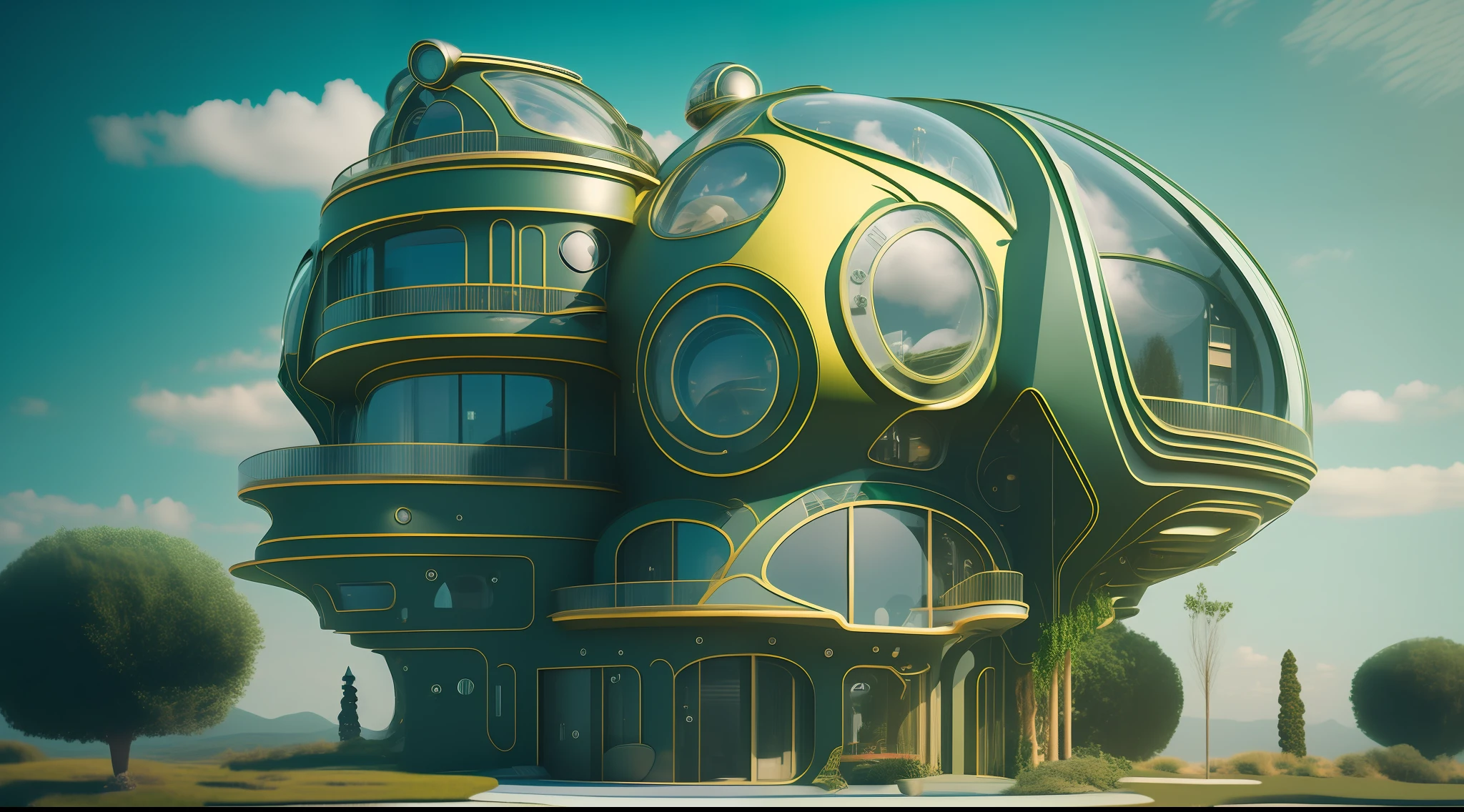 an extremely complex futuristic and advanced steampunk house, a flying vehicle in the garage, sci fi, lots of technology on the walls of the house, Airlock, decoration technology, (Siliconpunk:1) normal small houses next door, green lawn, 2 sun to the sky, 200mm lens