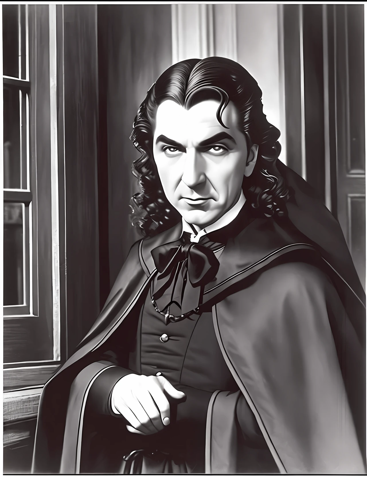 Closeup Bela Lugosi on the porch of her house seen in Dracula with her black and red haughty cape, with her mouth open showing vampire teeth, ultra realistic 8k scene --auto --s2