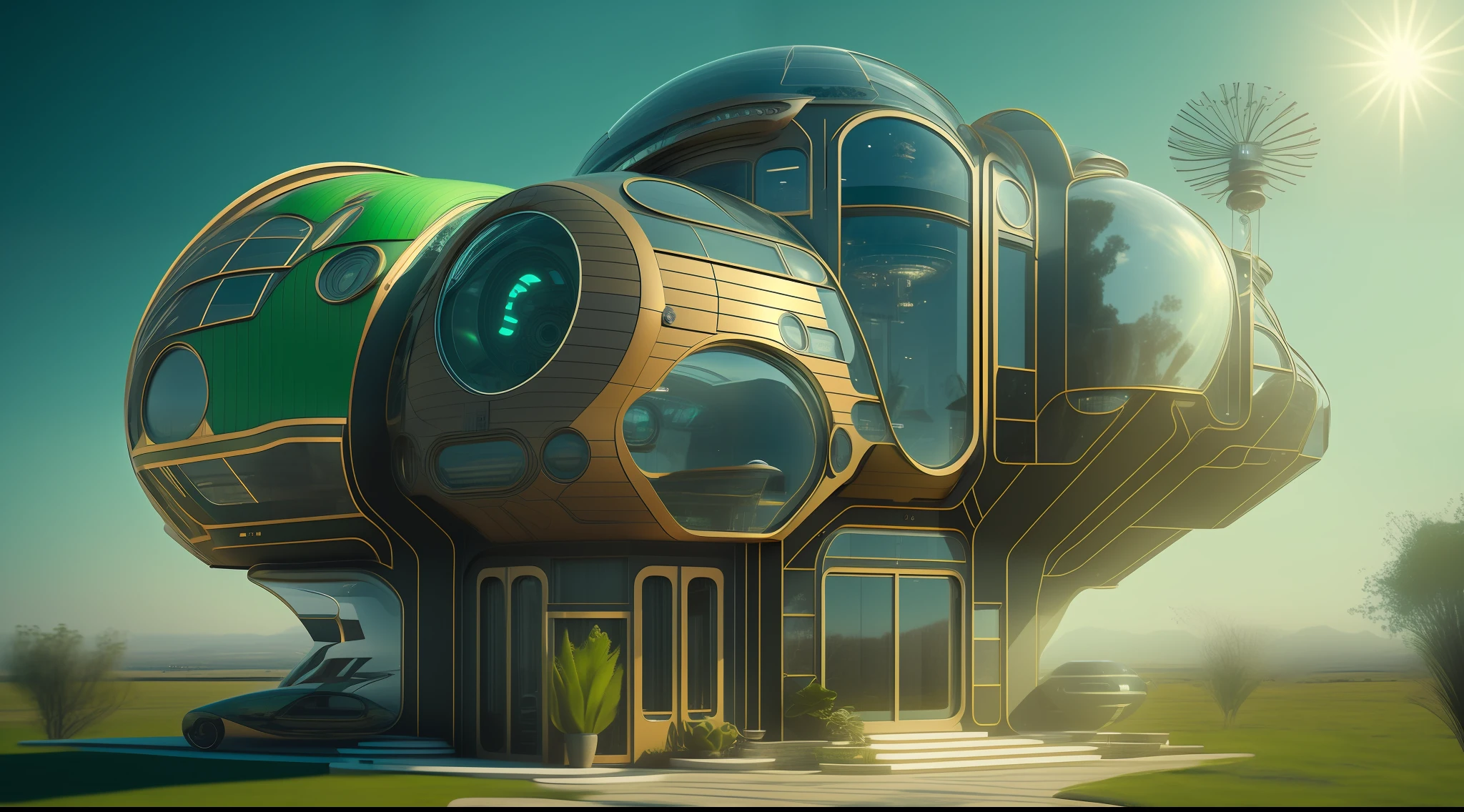 an extremely complex futuristic and advanced steampunk house, a flying vehicle in the garage, sci fi, lots of technology on the walls of the house, Airlock, decoration technology, (Siliconpunk:1) normal small houses next door, green lawn, 2 sun to the sky, 200mm lens