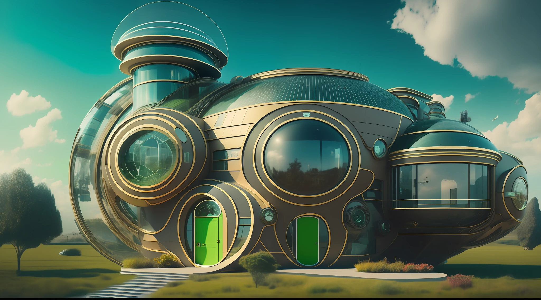 an extremely complex futuristic and advanced steampunk house, a flying vehicle in the garage, sci fi, lots of technology on the walls of the house, Airlock, decoration technology, (Siliconpunk:1) normal small houses next door, green lawn, 2 sun to the sky, 200mm lens