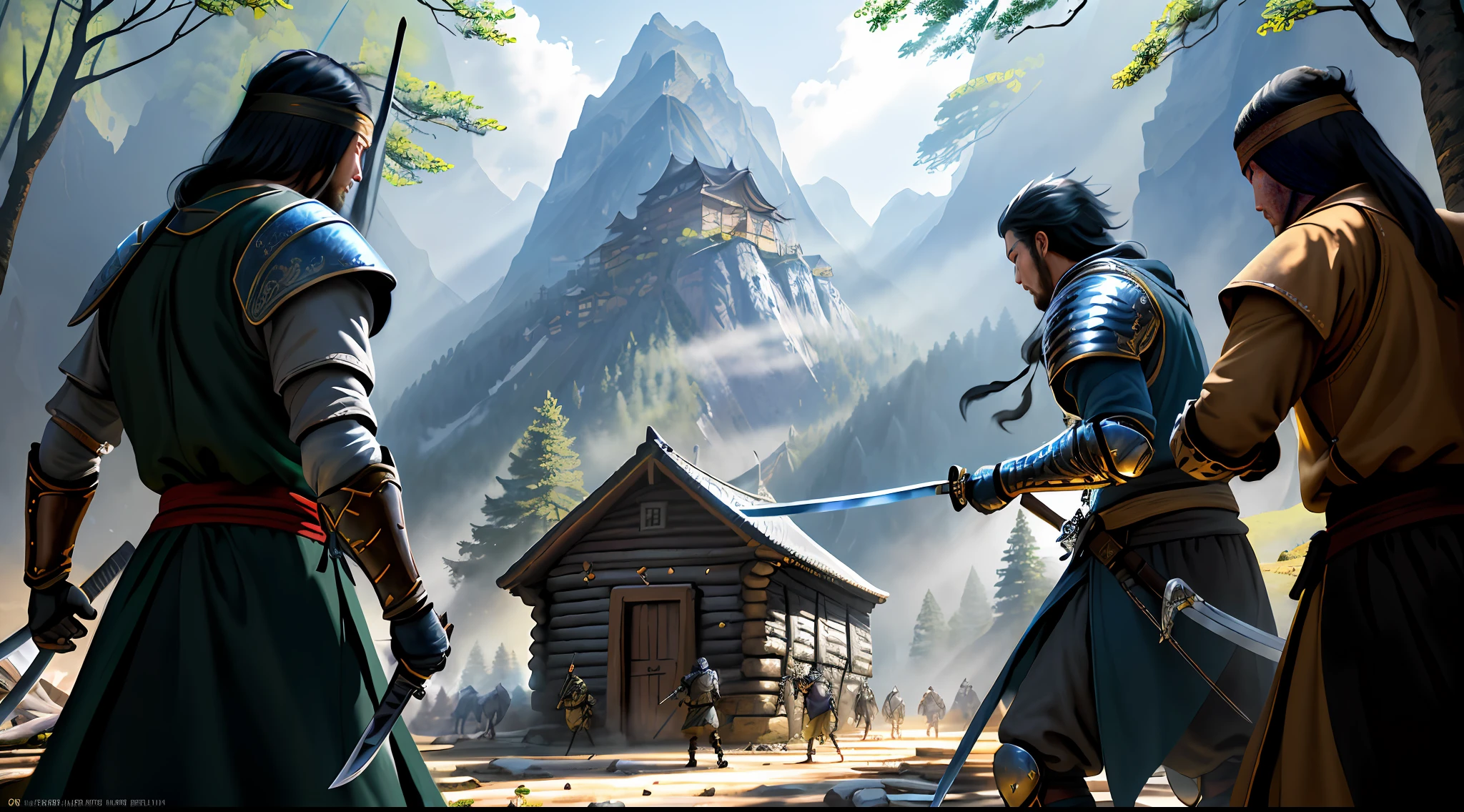 masterpiece, very detailed, ultra realistic, detailed background, bright lighting, daylighting,
(swordsman fighting bandits in a square surrounded by forests), (mountain hut), (wide angle),