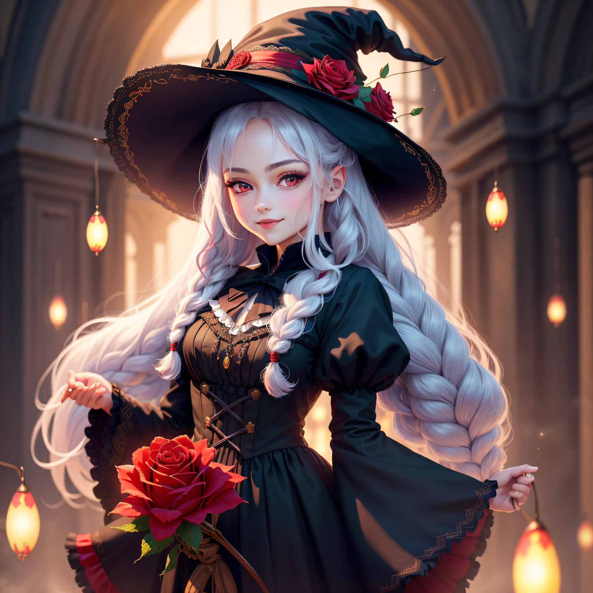 (8k unit wallpaper CG extremely detailed, masterpiece, best quality, super detail), ( sexy and seductive young woman with a deep witch hat decorated with beautiful white braids and a charming red rose), (dynamic vision, dazzling red eyes, long silver hair: 1.3, exquisite collection, charming smile), (background of magic and mystery, firefly lights, bright particles, ethereal mist and a shadow of darkness and darkness, night), high saturation.