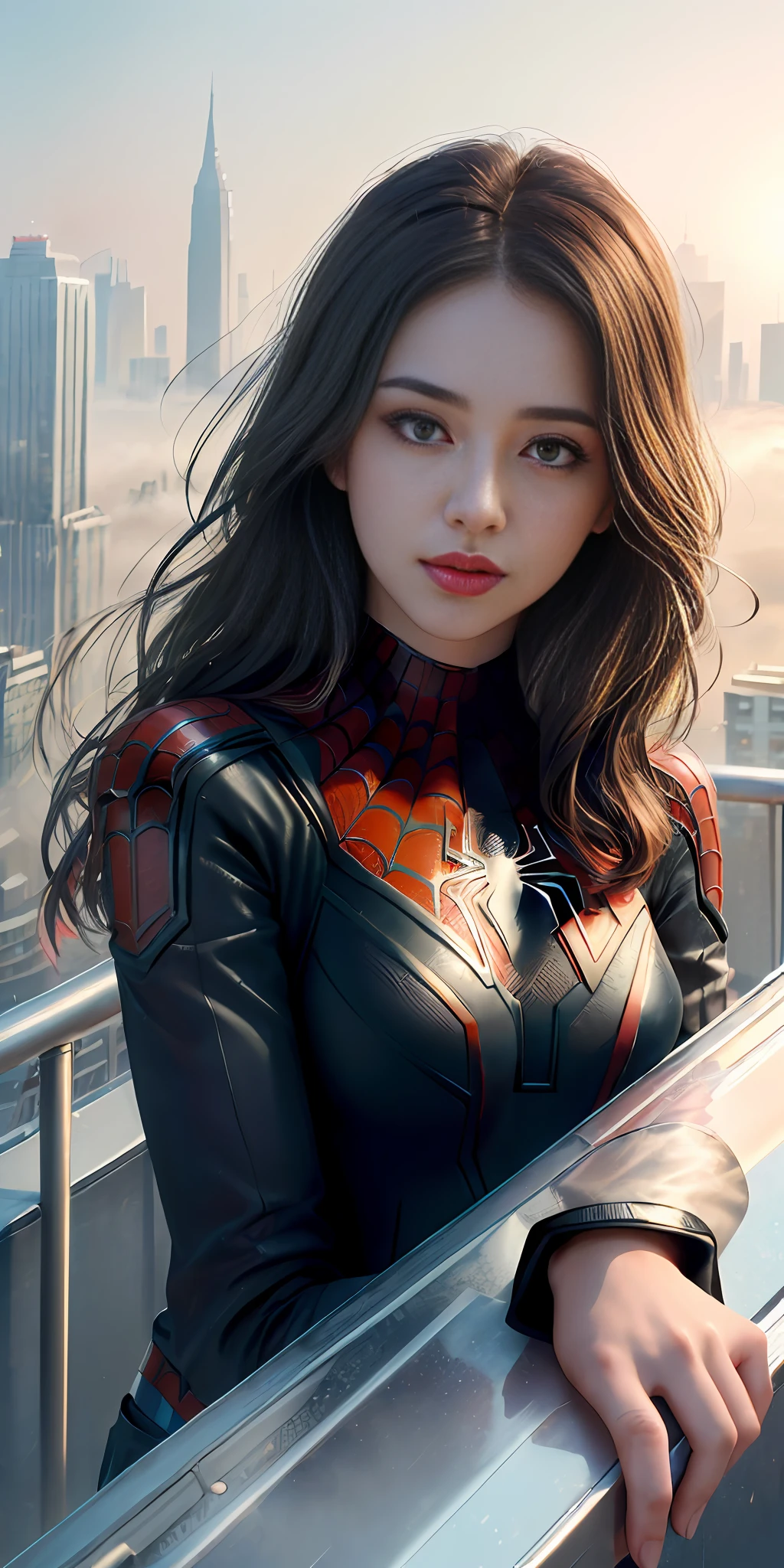 (1girl:1.3), Solo, (((Very detailed face)))), ((Very detailed eyes and face)))), Beautiful detail eyes, Body parts__, Official art, Unified 8k wallpaper, Super detailed, beautiful and beautiful, beautiful, masterpiece, best quality, original, masterpiece, super fine photo, best quality, super high resolution, realistic realism, sunlight, full body portrait, amazing beauty, dynamic pose, delicate face, vibrant eyes, (from the front), She wears Spider-Man suit, red and black color scheme, spider, very detailed city roof background, rooftop, overlooking the city, detailed face, detailed complex busy background, messy, gorgeous, milky white, highly detailed skin, realistic skin details, visible pores, clear focus, volumetric fog, 8k uhd, DSLR, high quality, film grain, fair skin, photo realism, lomography, futuristic dystopian megalopolis, translucent