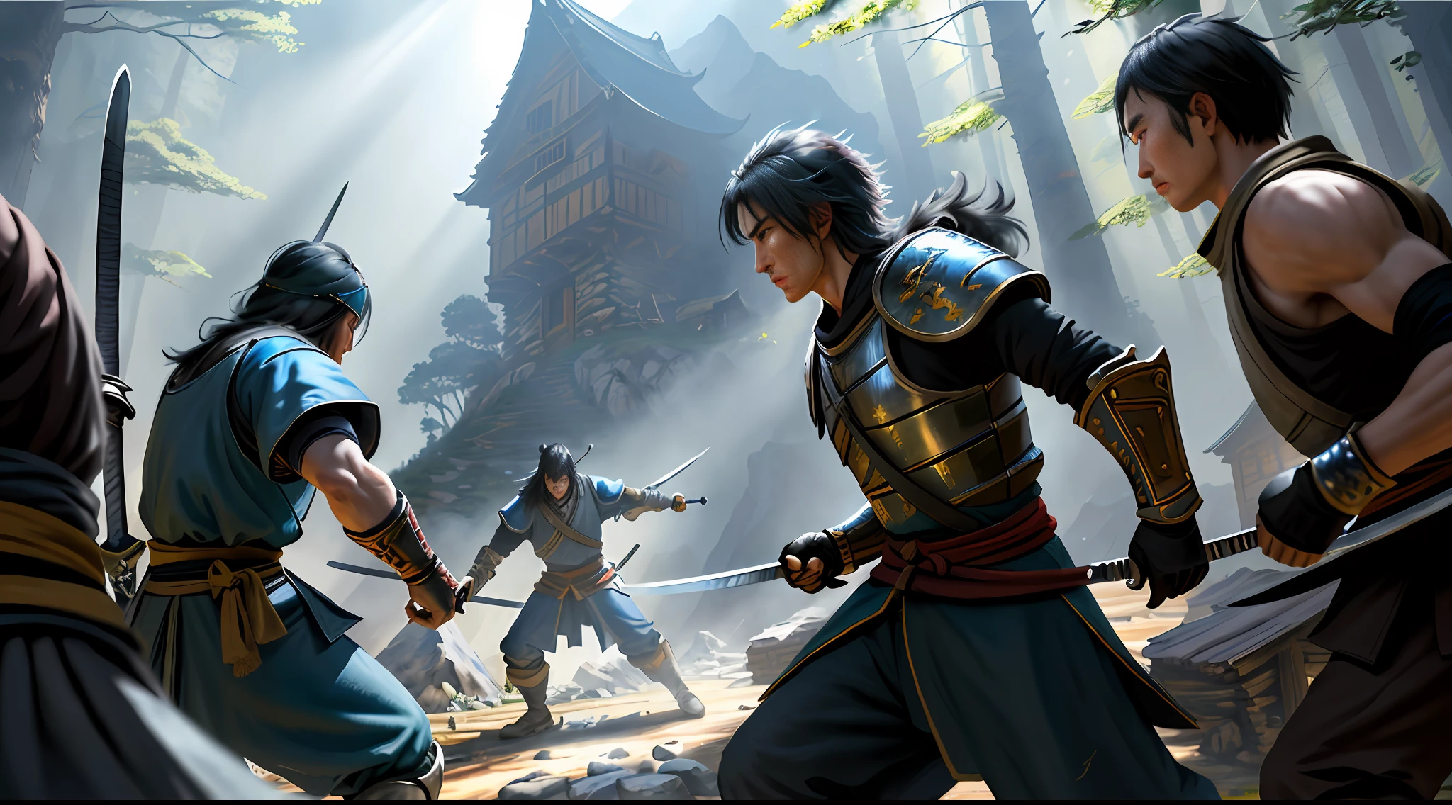 masterpiece, very detailed, ultra realistic, detailed background, bright lighting, daylighting,
(swordsman fighting bandits in a square surrounded by forests), (mountain hut), (wide angle),