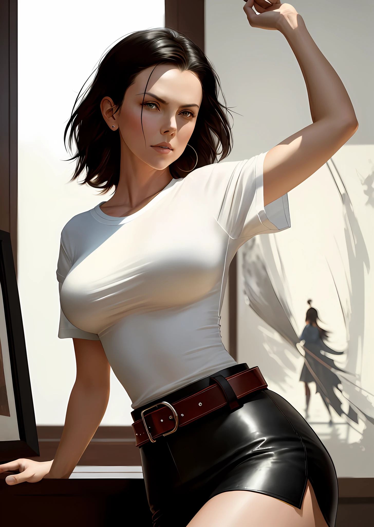 photo by Charlize-Theron, a woman (wearing a tight white t-shirt:1.2), (wearing panties), (large breasts), modelshoot style, photo of the world's most beautiful artwork, majestic, Atey Ghailan, Studio Ghibli, by Jeremy Mann, Greg Manchess, Antonio Moro, High Detail, Sharp Focus, (leather belt), (looking at the viewer), (detailed eyes:1.2)