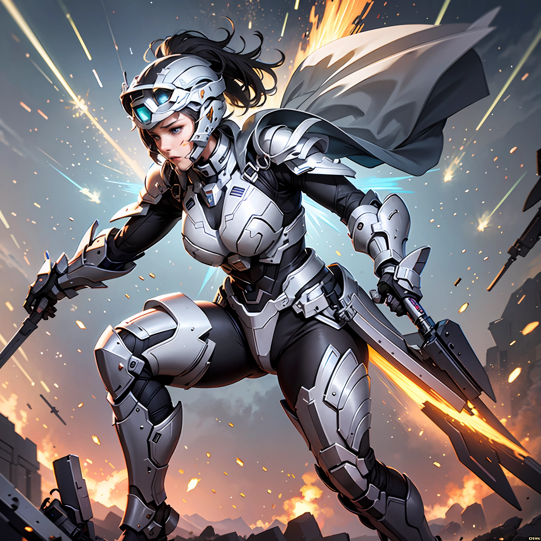 High Quality, Anime, Halo, female, armor, sprinting, active battlefield, explosions, --auto --s2