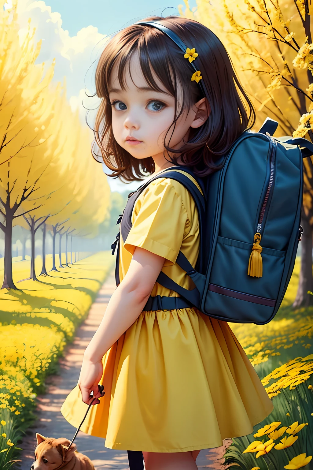 An incredibly charming carrying a backpack, accompanied by her adorable puppy, enjoying a lovely spring outing surrounded by beautiful yellow flowers and natural scenery. The illustration is in high definition at 4k resolution, with highly-detailed facial features and cartoon-style visuals.