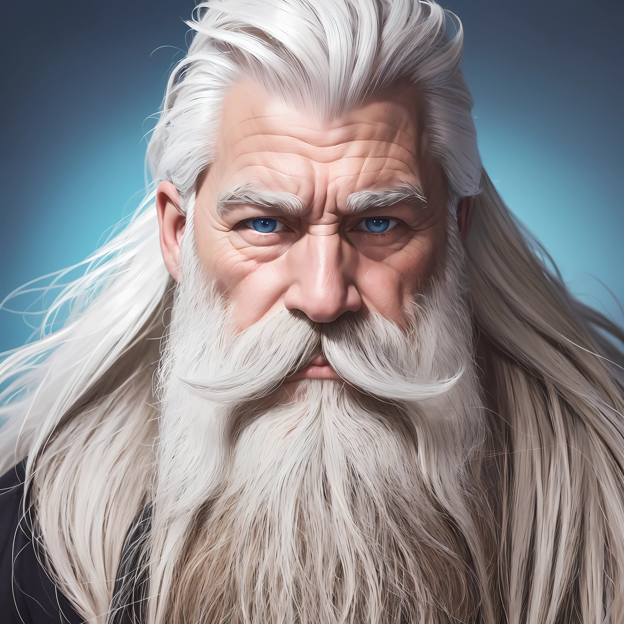 Photograph of the face of a muscular old man, Long beard ((white beard)), Long hair ((white hair)), scar on the eye. Blue eyes. Maximum quality, clear brown skin, wrinkles on the forehead. Detailed pores. Realism. Digital art.