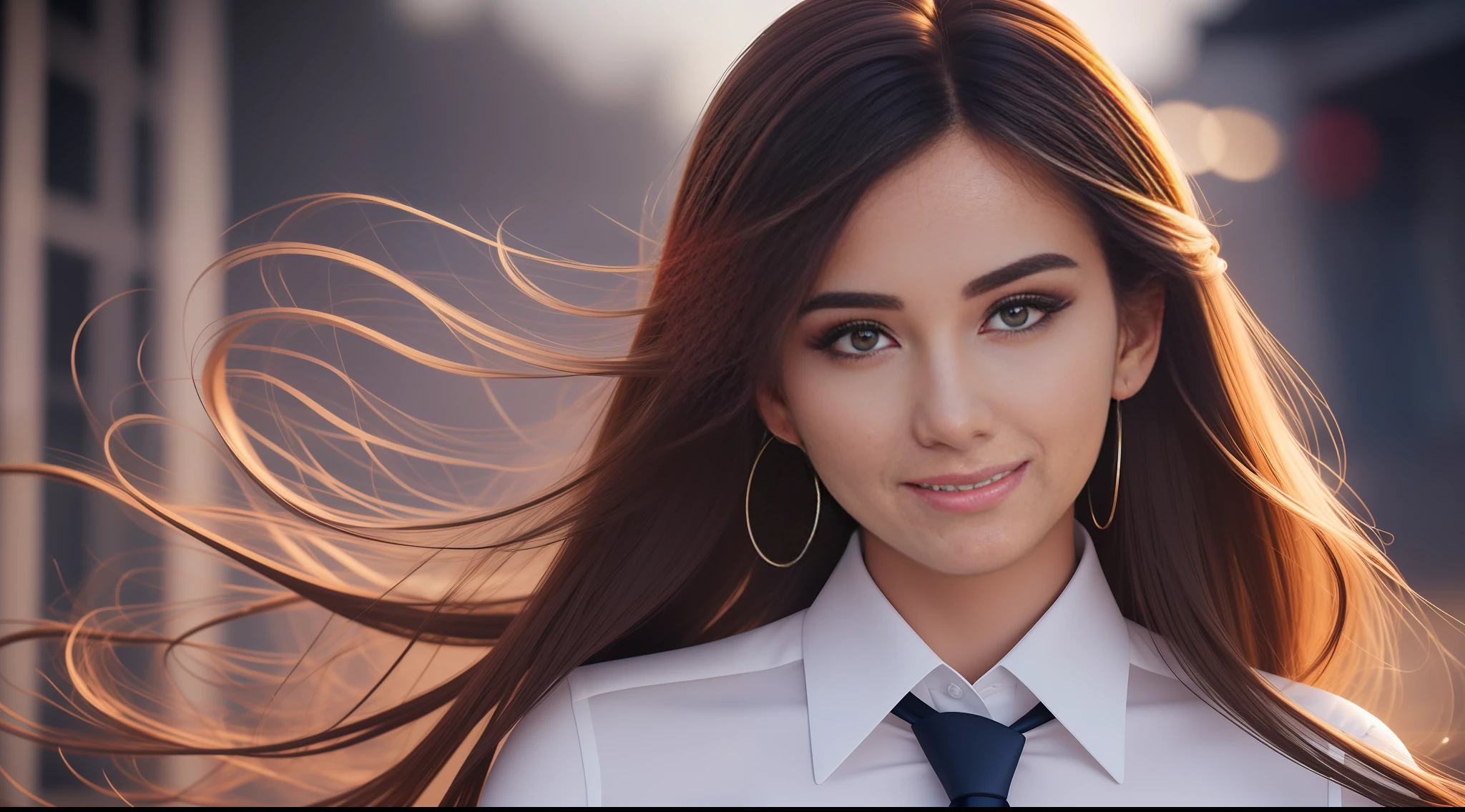 Top Quality, Masterpiece, Hi-Res, Girl 1 Person, Navy Blue Business Suit, Hair Ornaments, White Shirt, Navy Blue Tie, Jewelry, Beautiful Face, Beautiful Smile, upon_body, Tindall Effect, Depicted from the waist up, Brown Long Hair, Photorealistic, Dark, Dim Rim Lighting, Two-tone Lighting, (High Definition Skin: 1.2), 8K UHD, DSLR, soft lighting, high quality, volumetric lighting, candid, photography, high resolution, 4k, 8k, bokeh, --auto --s2