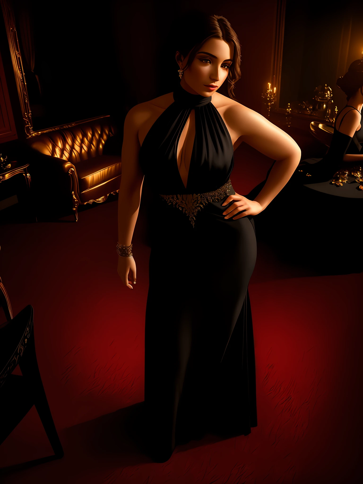 (best quality, masterpiece), ultra-detailed 8k CG image of a beautiful woman standing in a room, dressed in a black evening gown.