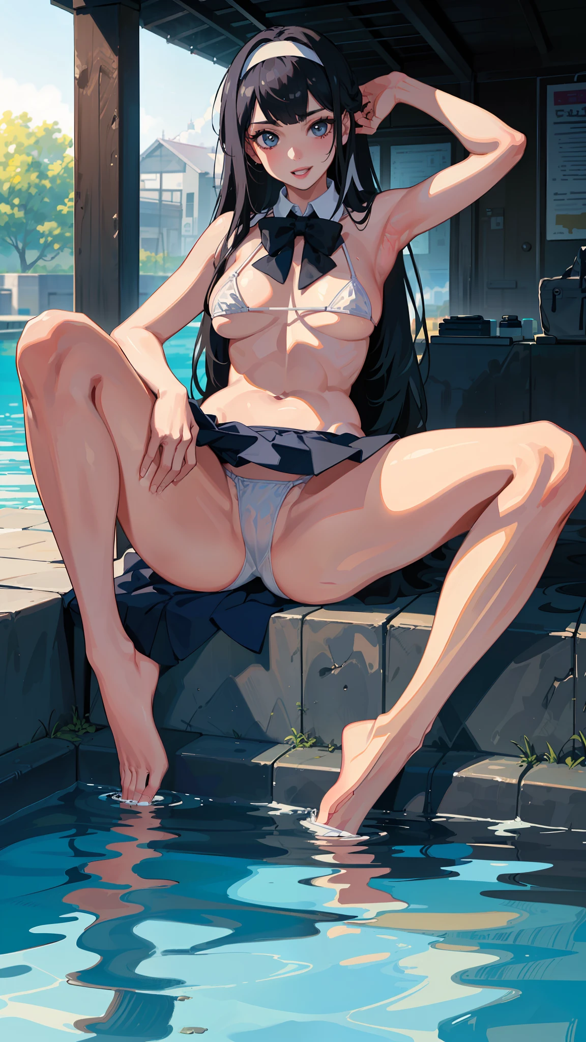 ((Top Quality, 8k, Masterpiece: 1.3)), Slender Abs Emphasized Beauty: 1.3, Best Quality, Masterpiece, Ultra High Definition, (Photorealism: 1.5), Raw Photo, : 6# One Girl, (Black Long Hair, Bangs), (Black Long Hair, Bangs), Shiny Skin, Dramatic Lighting, Full Body, (Beauty Highlights: 1.3), Sunny, Super Detail Face, Detail Eye, (((Underboob, White Micro Bikini: 1.4)), (Smile, :d), (Erection, Big: 1.7), (Show Off (1.4), Look Away, (Spread Your Legs: 1.5), Pubic Hair, Panties Armpits: 1.3, (Pubic Hair: 1.8), Wet Pants: 1.3, Pee, Citizen Pool, Schoolgirl, Uniform: 1.3, White Micro Bikini, Headband