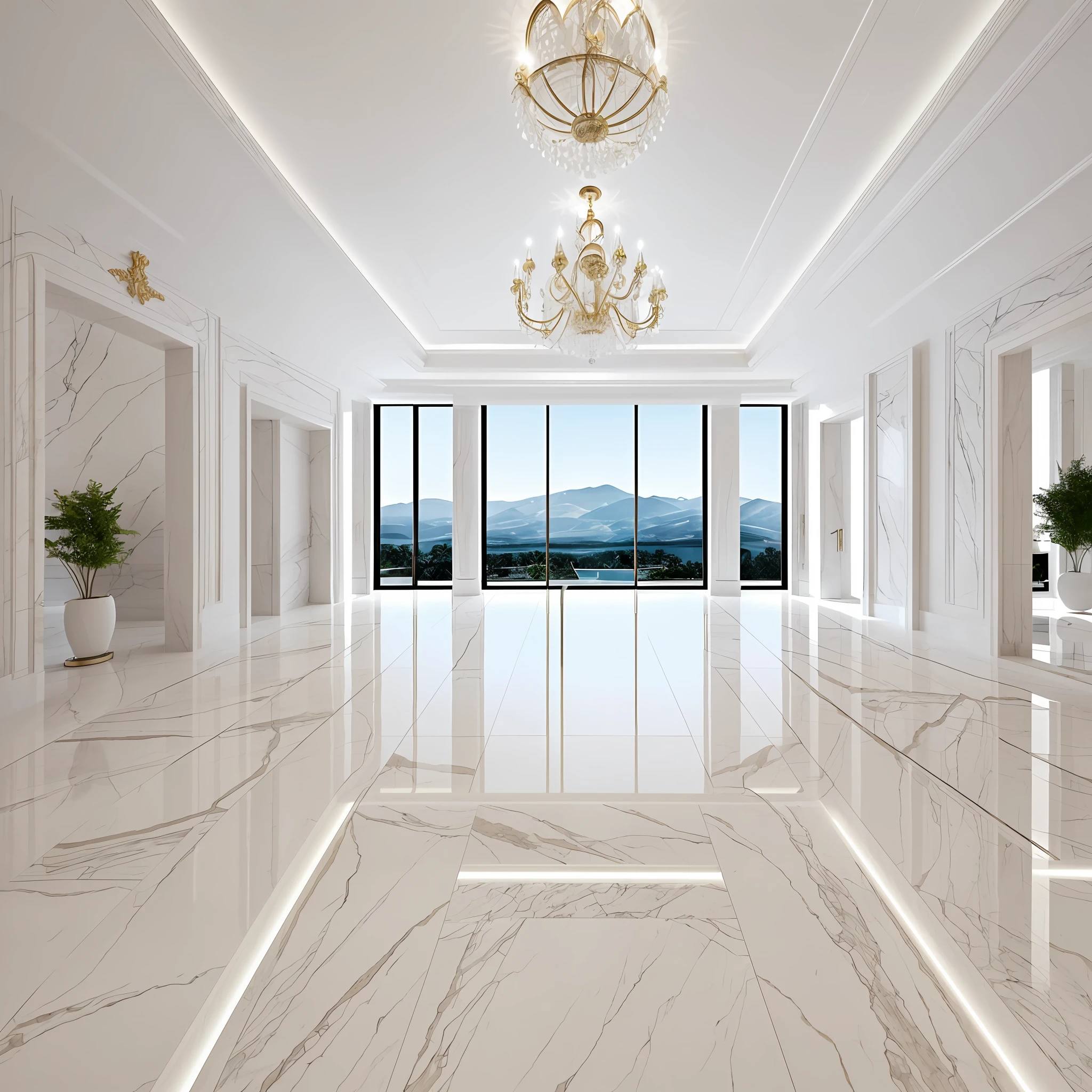 Scenery of a white room, wide view, marble floor and white walls, realistic photo, best quality, super realistic, beautiful lighting --auto --s2
