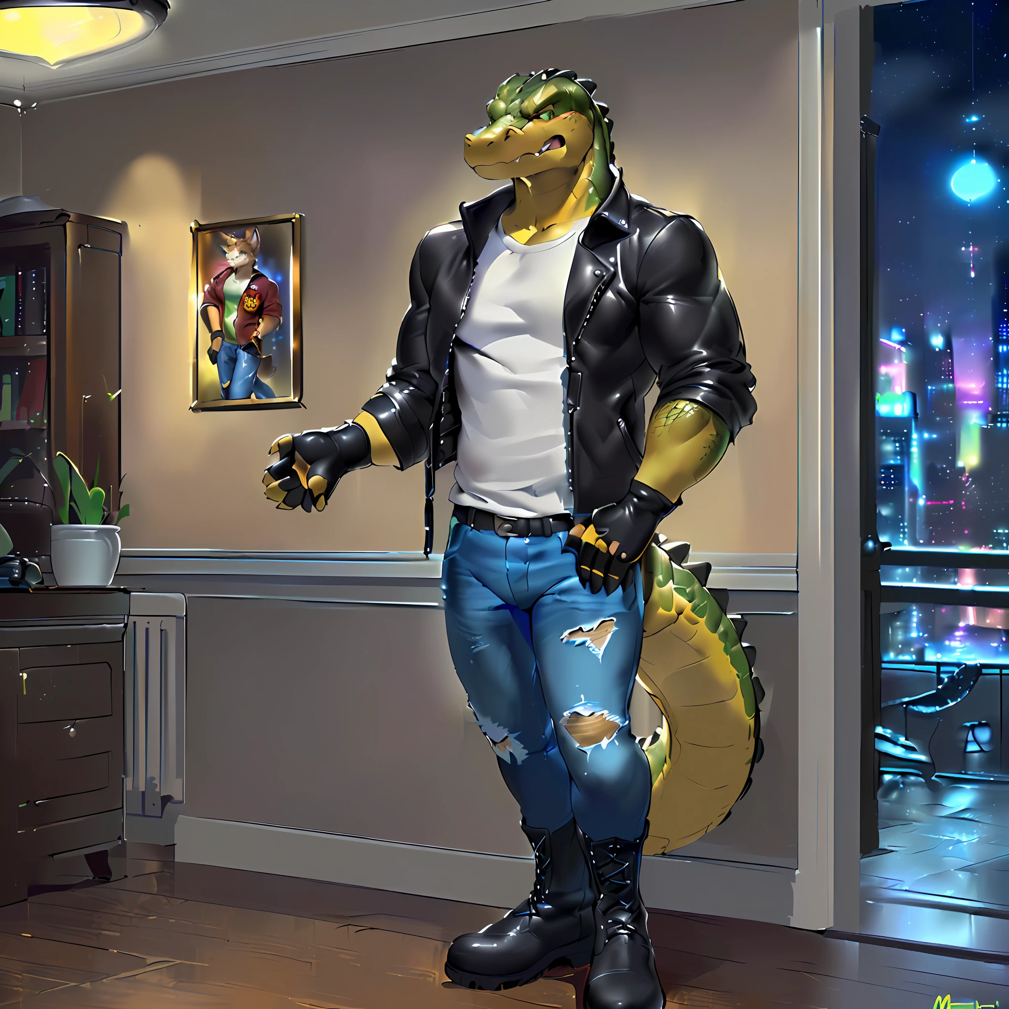(masterpiece, best quality, high quality, highres:1.4), detailed, extremely detailed, ambient soft lighting, 4K, by (by Pino Daeni, (by ruaidri), yupa, kiyosan,(by meesh), (by sollyz) (by fffffolder)), (cuban crocodile: ( hunk, athletic, crocodile, yellow body, scales, athletic muscle, anthro legs, (crocodile feet) (((solo))), green eyes, (detailed eyes), crocodile tail, bare_shoulders , (((angry_face))), (clothing, (topwear: (open jacket), handwear:(gloves: fingerless), bottomwear:(jeans:black, leather boots))),standing) tag:1boy)) ,(((night))), (((inside apartment)))