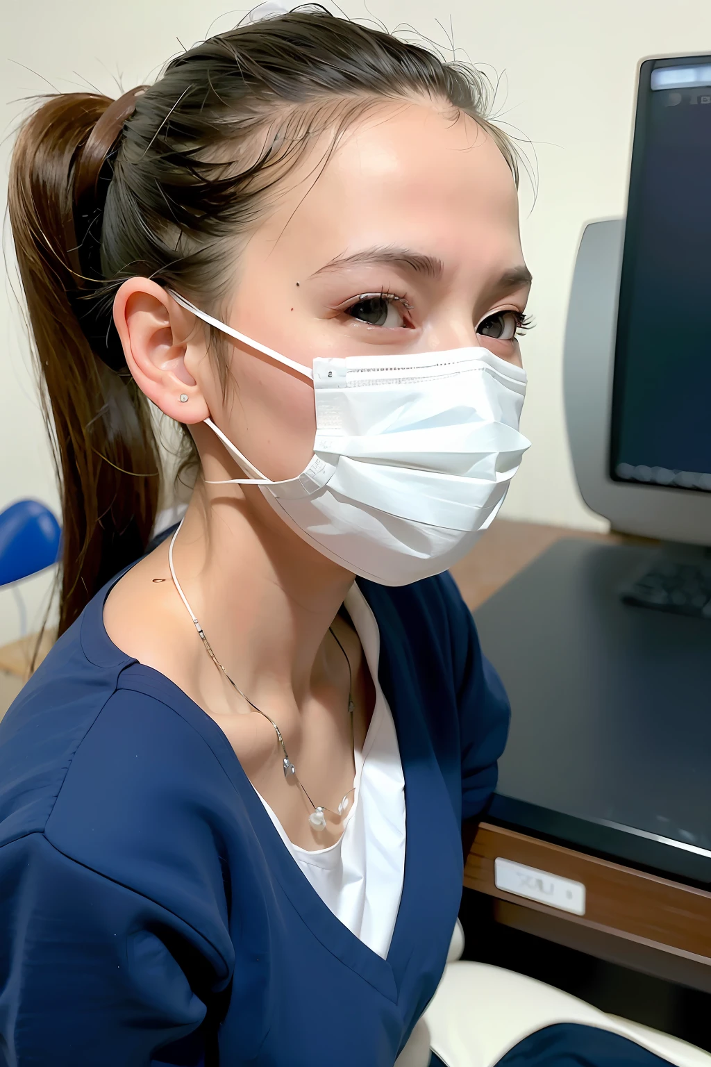 best quality, masterpiece, ultra high res, 8K, raw, (photo realistic:1.4), professional lighting, sharp focus, 1 girl, (detailed background:1.5), (dental clinic, desk, chair:1.3), slender, cute, 24yo, smile, tiny breasts, short ponytail, hospital receptionist, (navy nurse uniform;1.3), white mouth mask