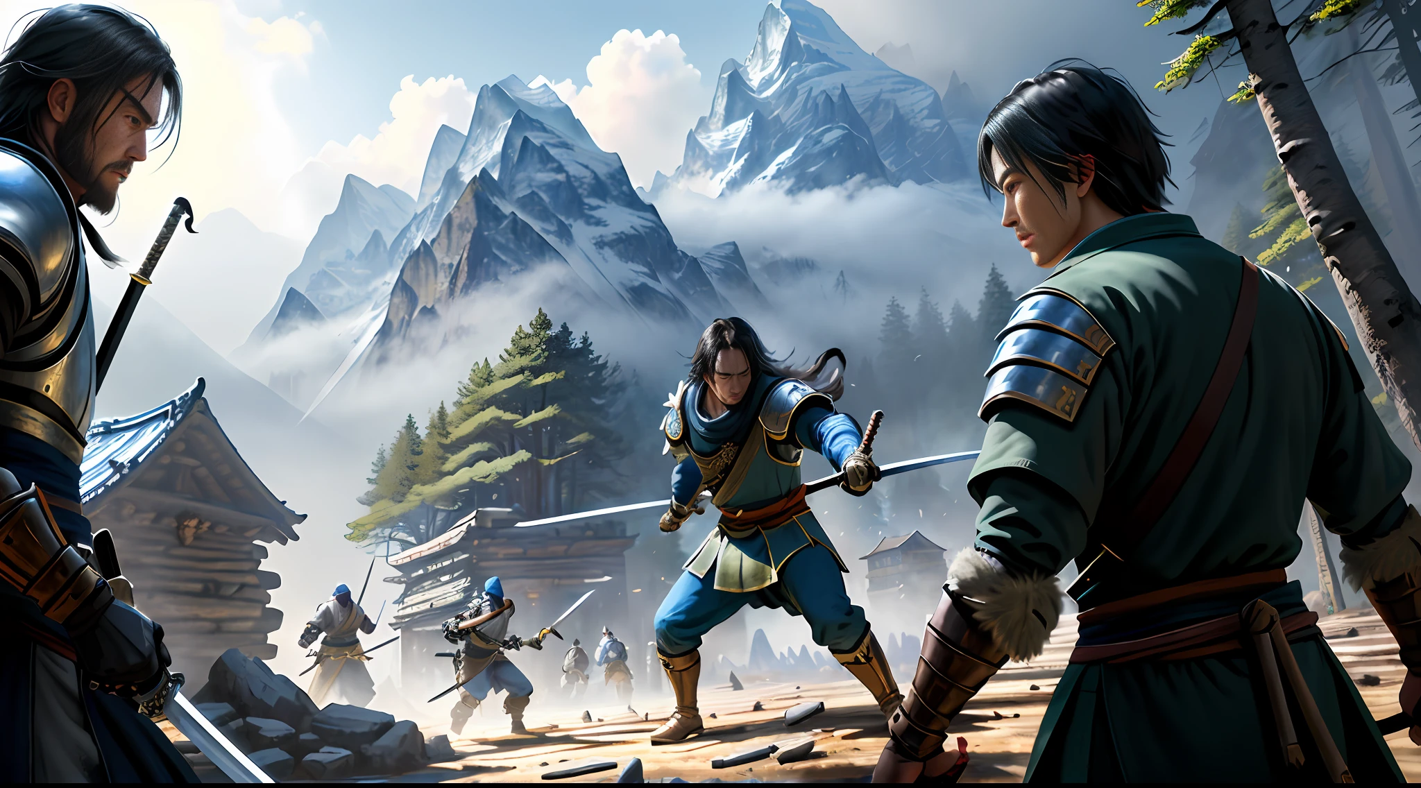 masterpiece, very detailed, ultra realistic, detailed background, bright lighting, daylighting,
(swordsman fighting bandits in a square surrounded by forests), (mountain hut), (wide angle),