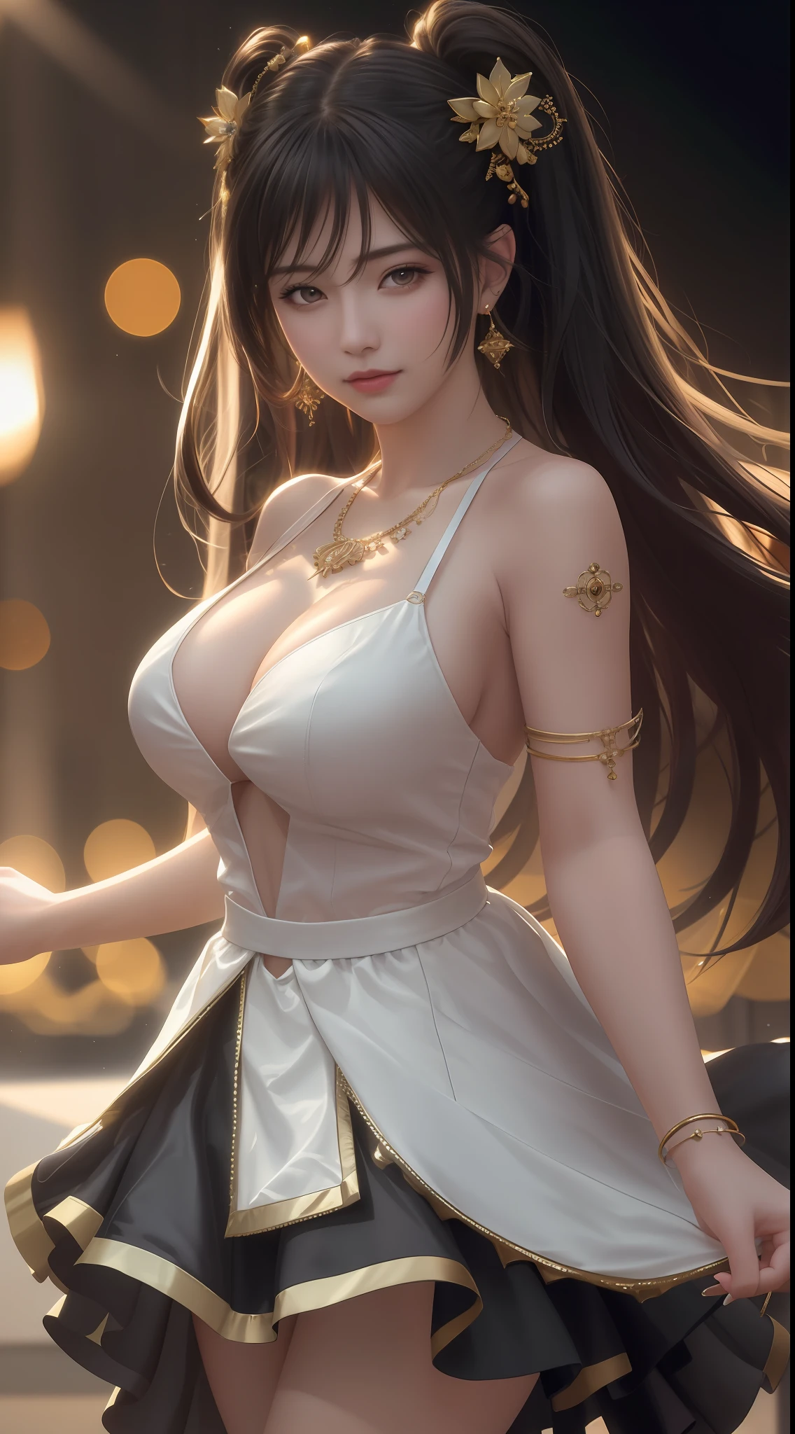 best quality, masterpiece, high_res, 1girl, hair ornament, necklace, jewelry, Beautiful face, upon body, tyndall effect, photo realistic, dark studio, rim lighting, two tone lighting, (high detailed skin:1.2), 8k uhd, dslr, soft lighting, high quality, volumetric lighting, candid, Photograph, high resolution, 4k, 8k, Bokeh, realistic big breasts, open fingers,