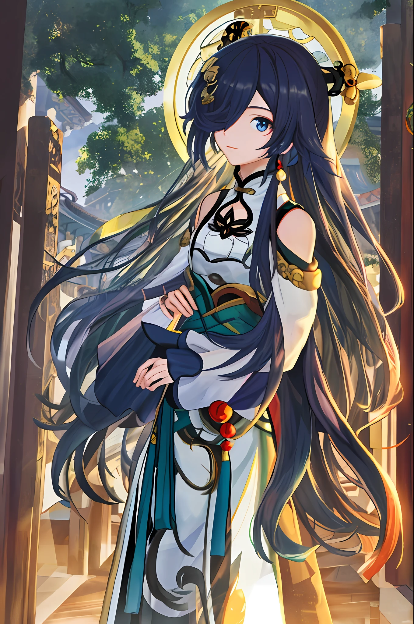 masterpiece,best quality,Azure_Empyrea,solo,1girl,city,chinese building,long hair,hair over one eye,sunlight,looking at viewer, eyes visible through hair,