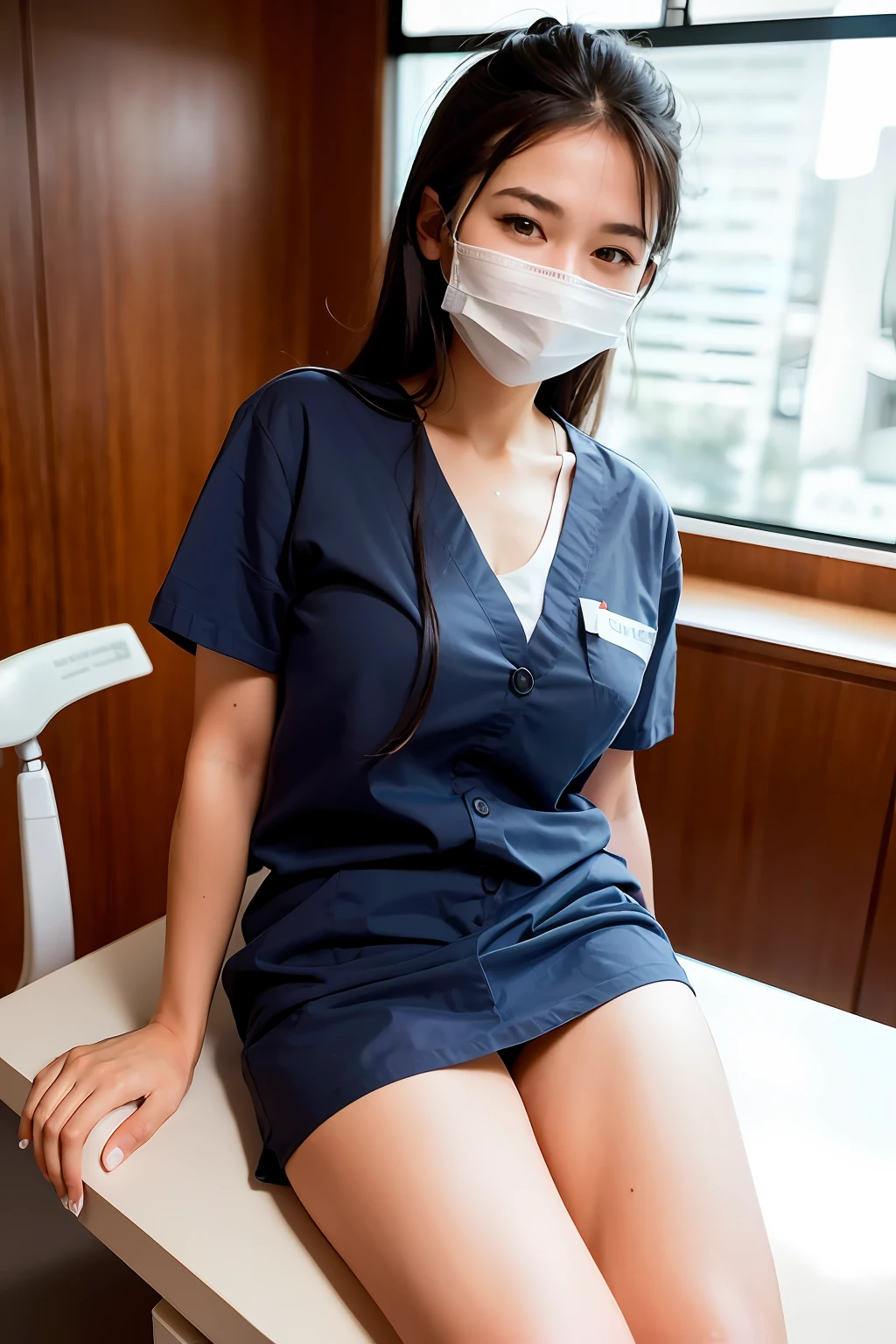 best quality, masterpiece, ultra high res, 8K, raw, (photo realistic:1.4), professional lighting, sharp focus, 1 girl, (detailed background:1.5), (dental clinic, desk, chair:1.3), full body, slender, cute, 24yo, smile, tiny breasts, hospital receptionist, (navy nurse uniform;1.3), white mouth mask