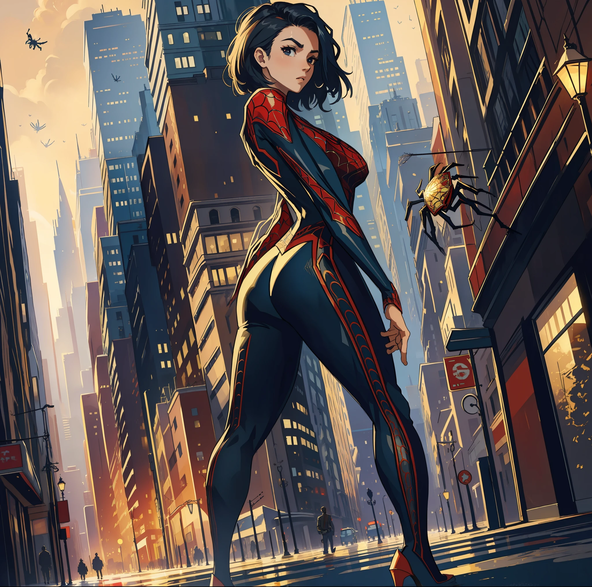 (masterpiece, best quality), intricate details, 8k, artstation, wallpaper, official art, splash art, sharp focus
spider suit, spider web printing, spider web,
skyscrapers, city, buildings, cars, street,