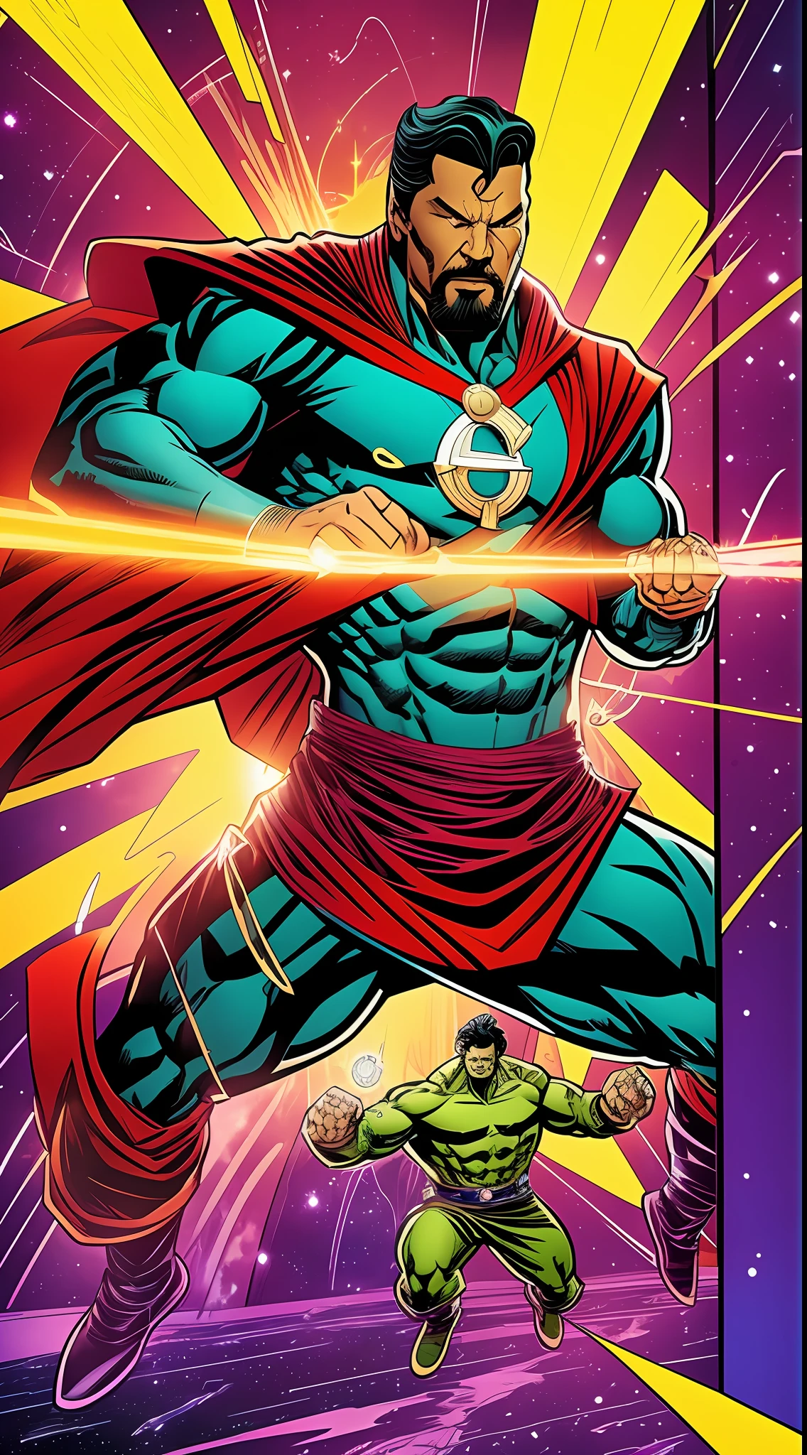 70's comic book-style Defenders action scene, with Doctor Strange, Hulk, Namor and Silver Surfer facing a cosmic threat on an alien planet, with use of vibrant colors and striking strokes, by Jack Kirby, in 4K, --ar 9:16., isometric, cinematic lighting, god rays, rounded corners, close-up, ray tracing, atmospheric perspective --auto --s2