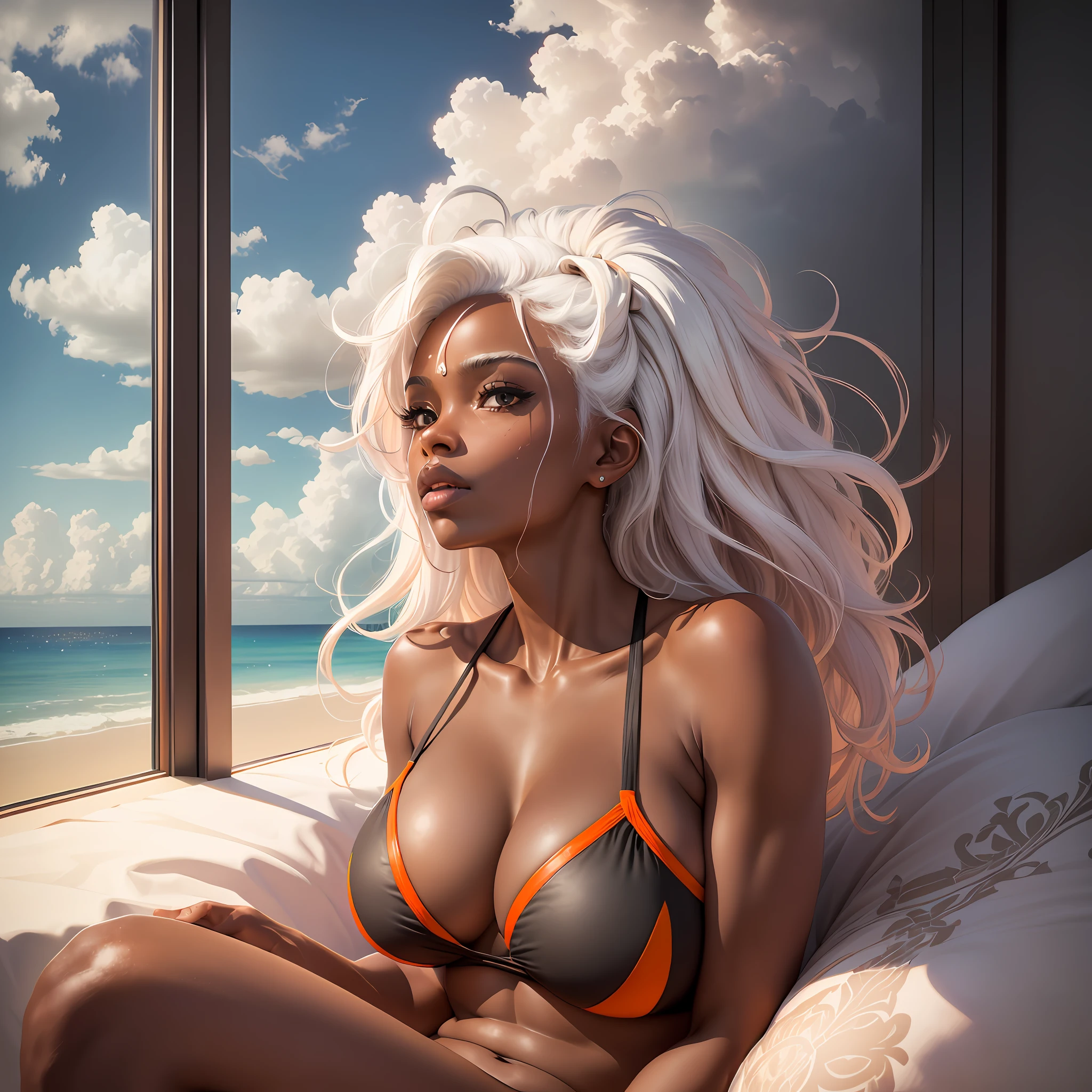 Woman, black skin, sitting on the bed, facing a window, beautiful beach, sky full of clouds, (((full of details)))), ultra HD, totally realistic, (((best quality)))), she in black and orange bikini, hair bangs, white hair, pink cheek, fine features, beautiful breasts, ((arms squeezing breasts)), (((seen from the front))), from the waist up,