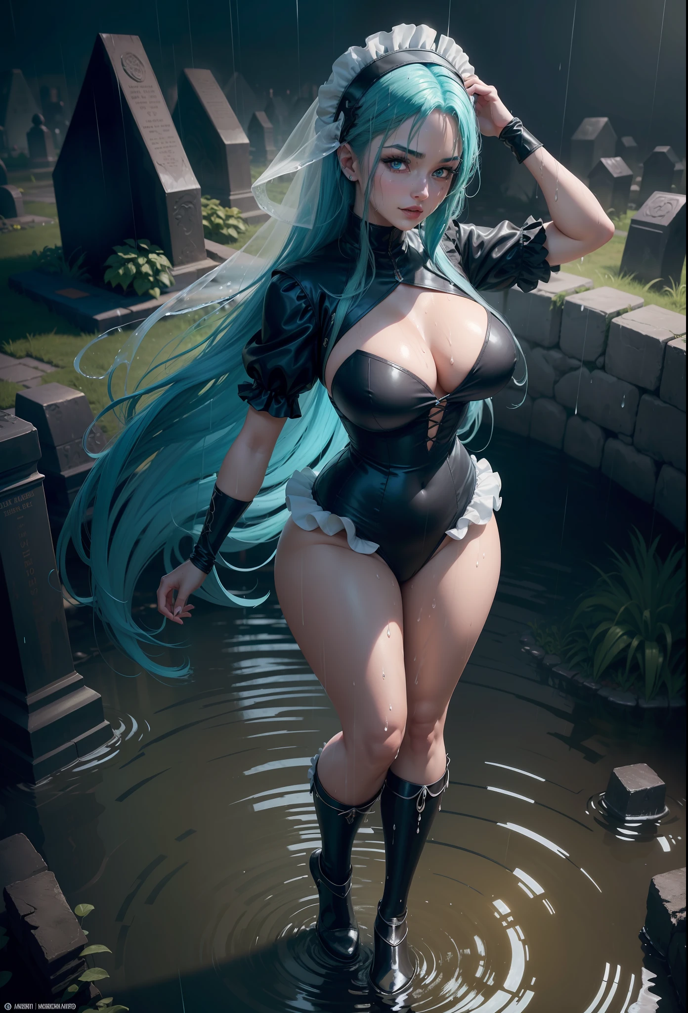 ((Full body photo)). Laura/woman with large is standing, ((wearing black maid's outfit with white/extremely tight parts on her body and maid's headdress on her head)), she is inside a graveyard at night this (raining hard and thundering very hard), her (head/clothing/body soaked in water:1.4), she is looking at the viewer, smiling, Doing pose. She has (blue hair:1.2) and (green eyes:1.2), Mortal Kombat, anime, framed, symmetry, 16k, best quality, super detail, textured skin, UHD