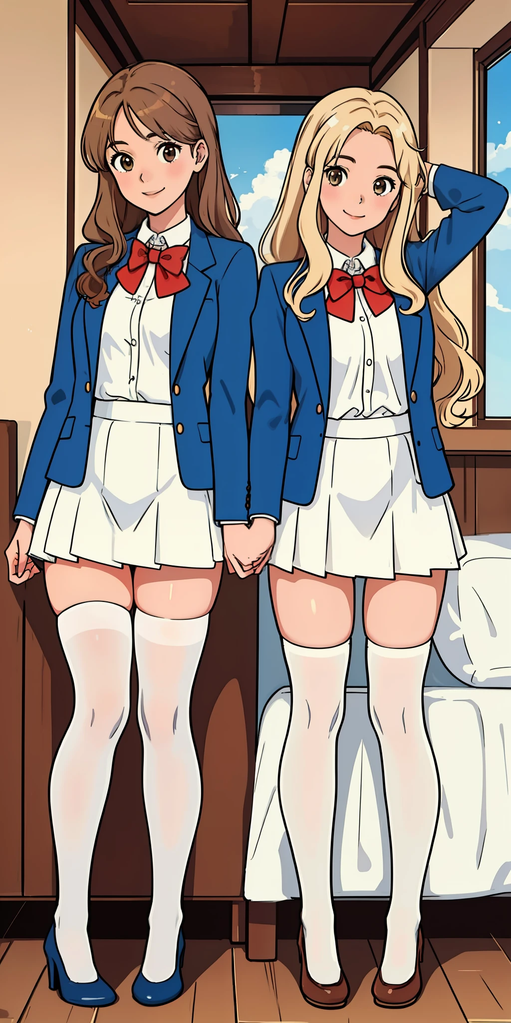 perfect anime illustration, 17 year old girls, medium breasts, 2girls, (1 blonde girl, 1 brown haired girl), twin sisters, rich girls, sexy schoolgirls, brown hair, blonde hair, curly hair, long hair, different hair colors, hazel eyes, smiling, white skin, (school uniform, blue blazer, red bowtie, white skirt, white thigh high socks, brown high heels), matching outfits, highres, bedroom, full body