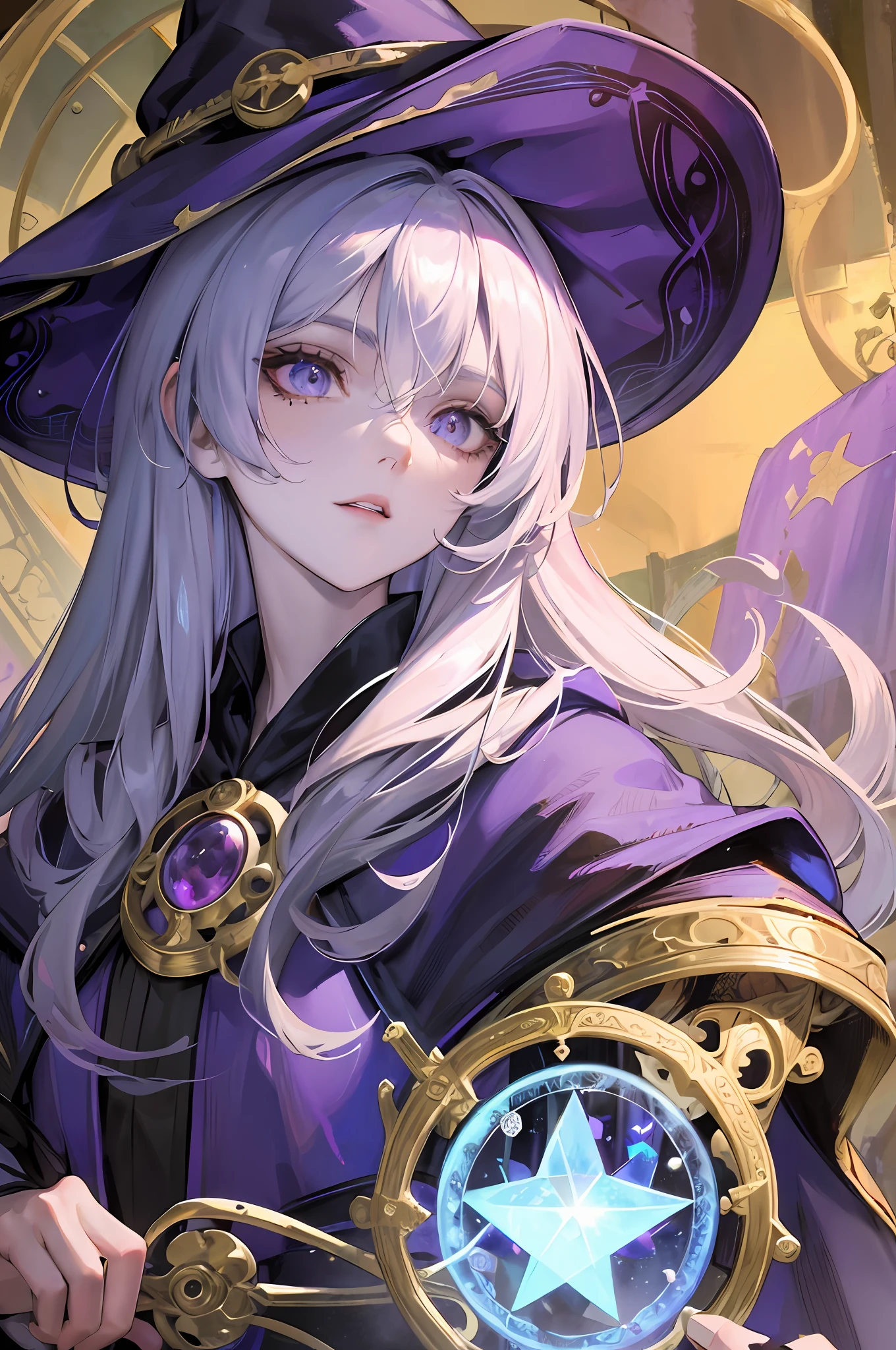 mage, caster, arcane master, masterpiece, best quality, super detailed, illustration, (super detailed face), (best face), town, curious expression, 20 years old, adult, 1girl, magic teacher, monocle, mage robe, mage hat, gorgeous staff, slender, runes, pale skin, immortality, gems, intricate details