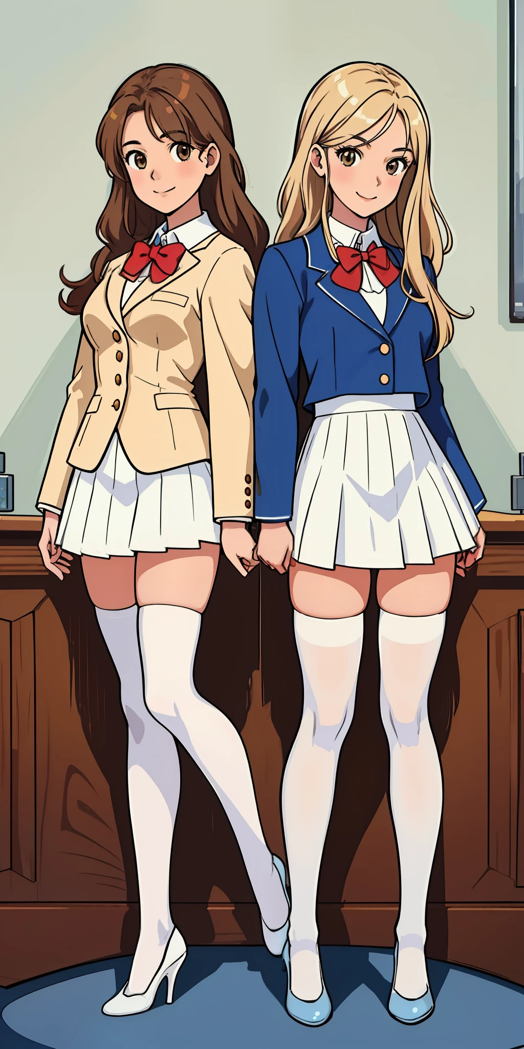 perfect anime illustration, 17 year old girls, medium breasts, 2girls, (1 blonde girl, 1 brown haired girl), twin sisters, rich girls, sexy schoolgirls, brown hair, blonde hair, curly hair, long hair, different hair colors, hazel eyes, smiling, white skin, (school uniform, blue blazer, red bowtie, white skirt, white thigh high socks, brown high heels), matching outfits, highres, bedroom, full body
