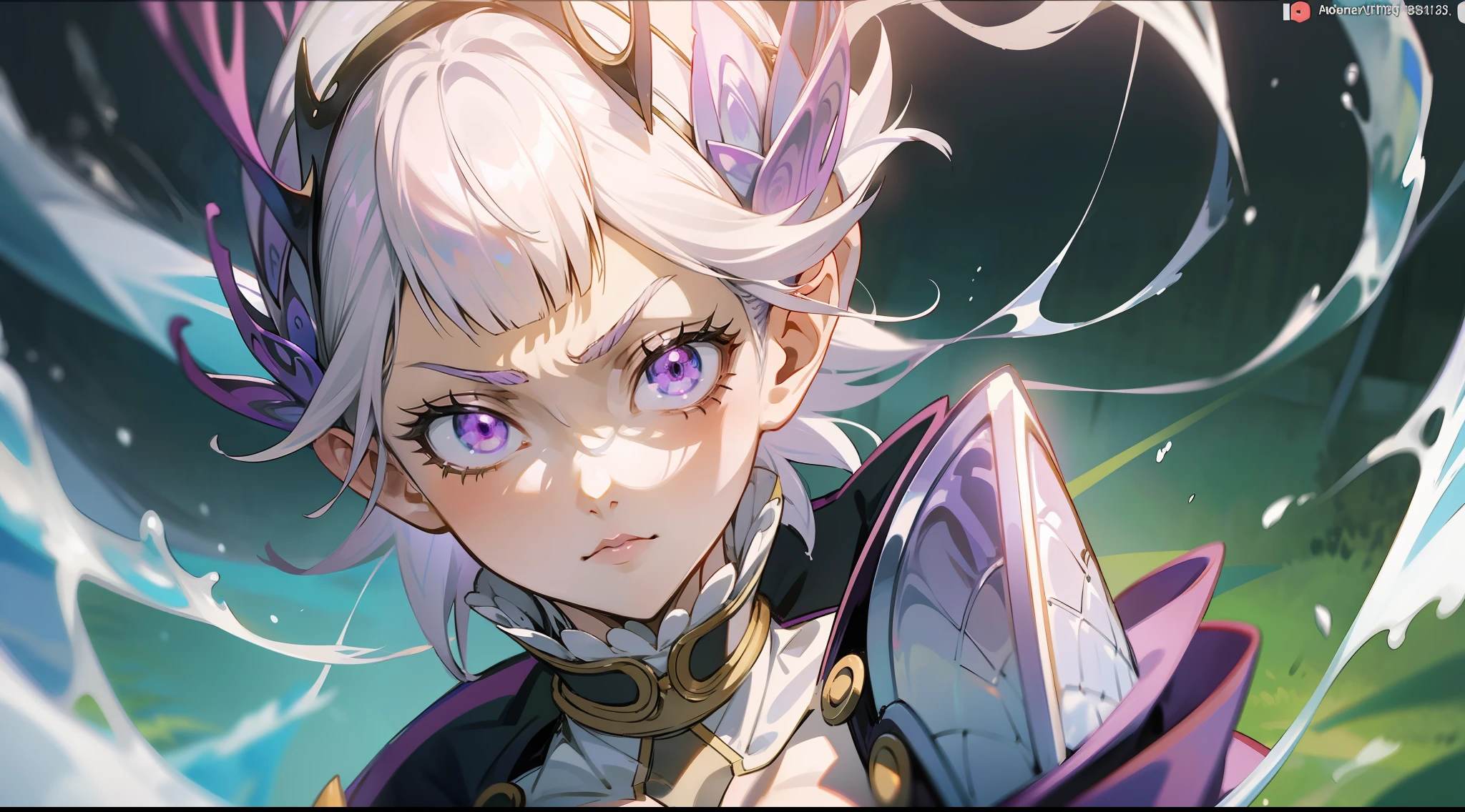 Anime girl with white hair and purple eyes, screenshot of Black Clover, anime character, female anime character, Best Anime Character Design, as an anime character, water armor, looking at the camera, Noelle Silva, Black Clover anime.