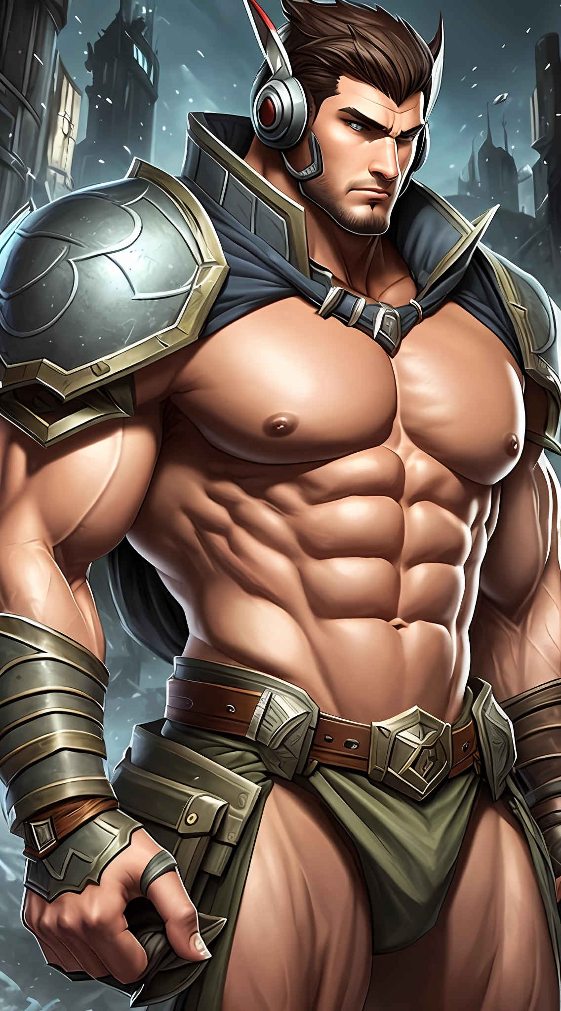 Sett league of legends, tall and muscular, big muscle, military